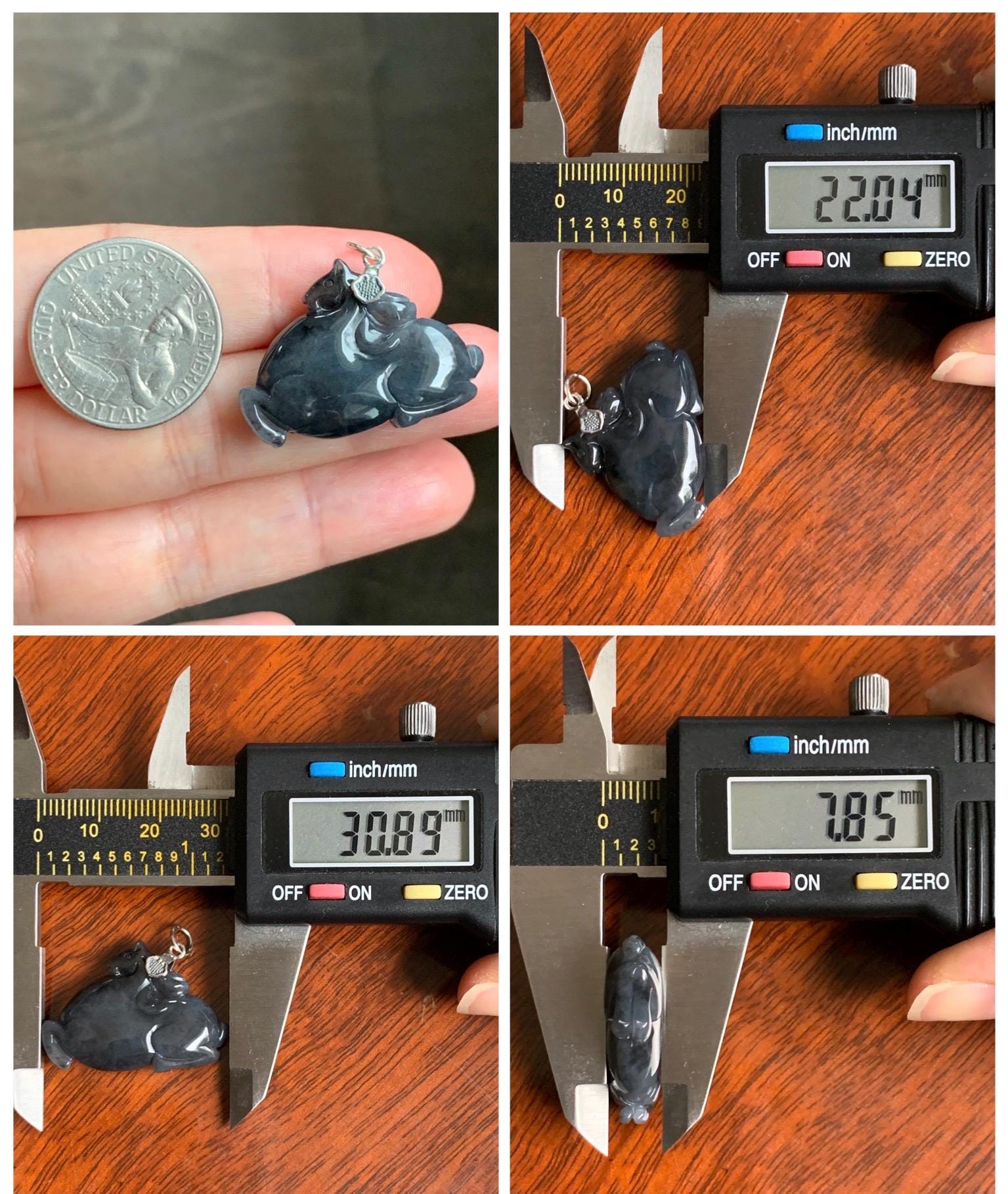 Natural Grade A Icy Translucent Gelatinous Dark Wuji Jade Jadeite Carved Tang Horse Pendant Sterling Silver 8g 天然冰胶深色乌鸡翡翠唐马银镶吊坠 MWJ440B