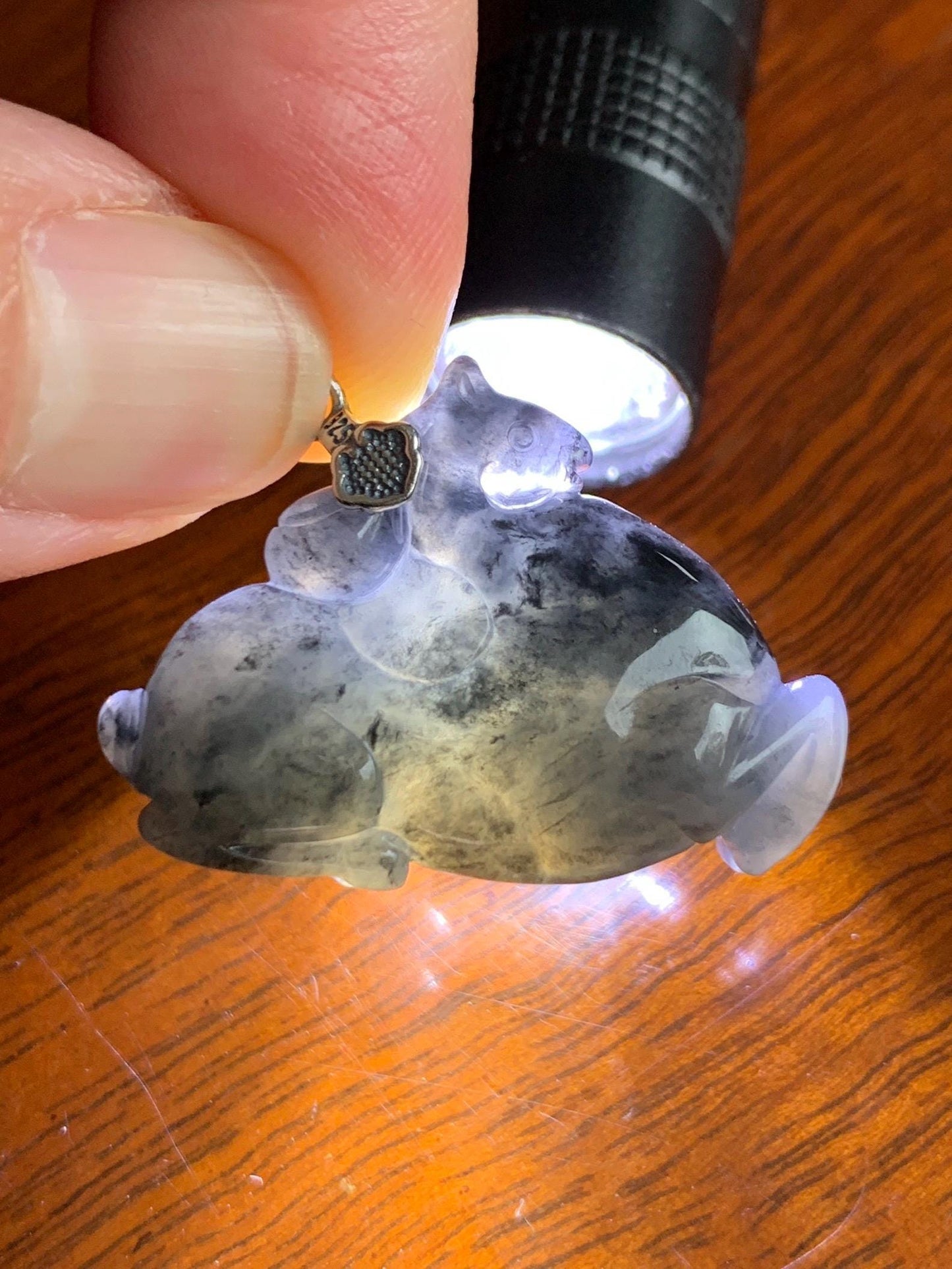Natural Grade A Icy Translucent Gelatinous Dark Wuji Jade Jadeite Carved Tang Horse Pendant Sterling Silver 8g 天然冰胶深色乌鸡翡翠唐马银镶吊坠 MWJ440B