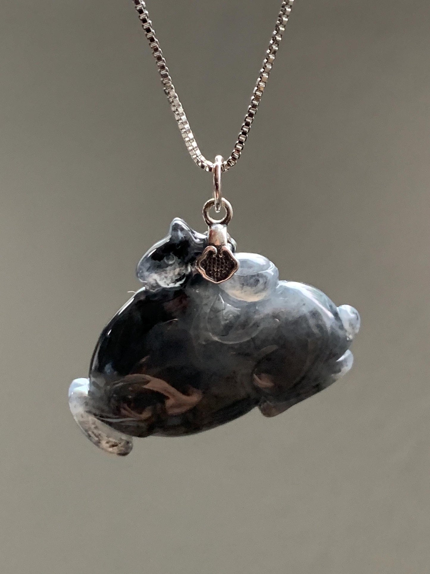 Natural Grade A Icy Translucent Gelatinous Dark Wuji Jade Jadeite Carved Tang Horse Pendant Sterling Silver 8g 天然冰胶深色乌鸡翡翠唐马银镶吊坠 MWJ440B