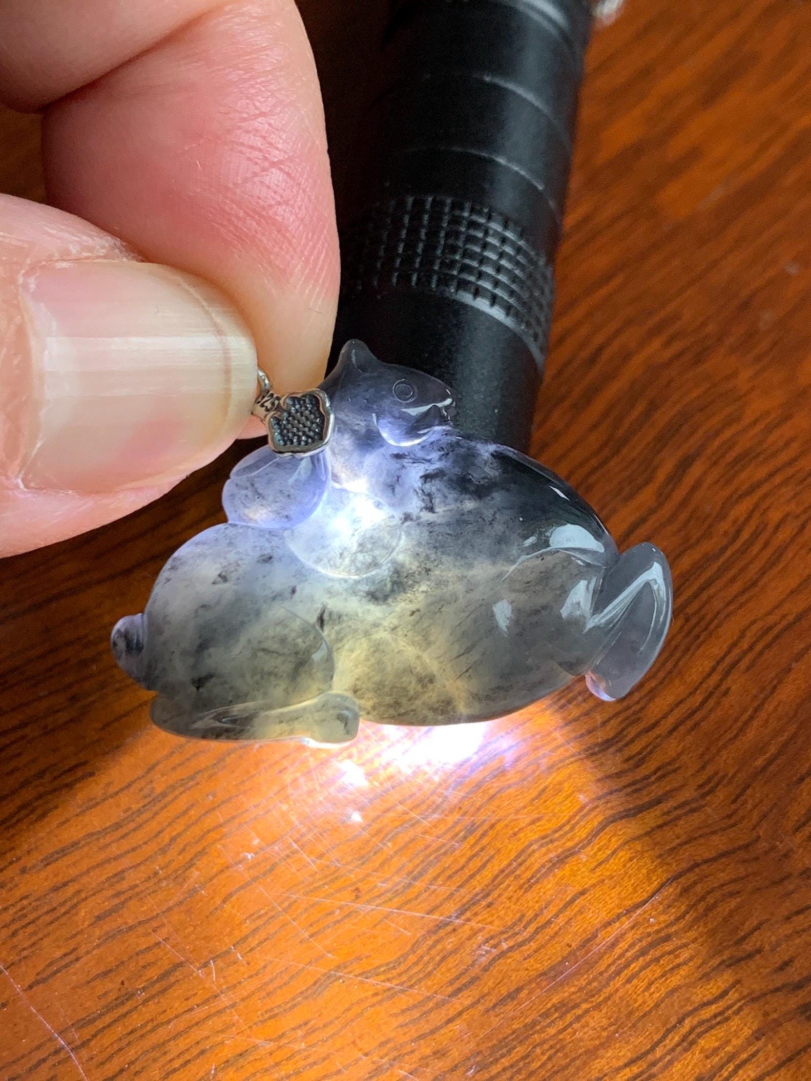 Natural Grade A Icy Translucent Gelatinous Dark Wuji Jade Jadeite Carved Tang Horse Pendant Sterling Silver 8g 天然冰胶深色乌鸡翡翠唐马银镶吊坠 MWJ440B