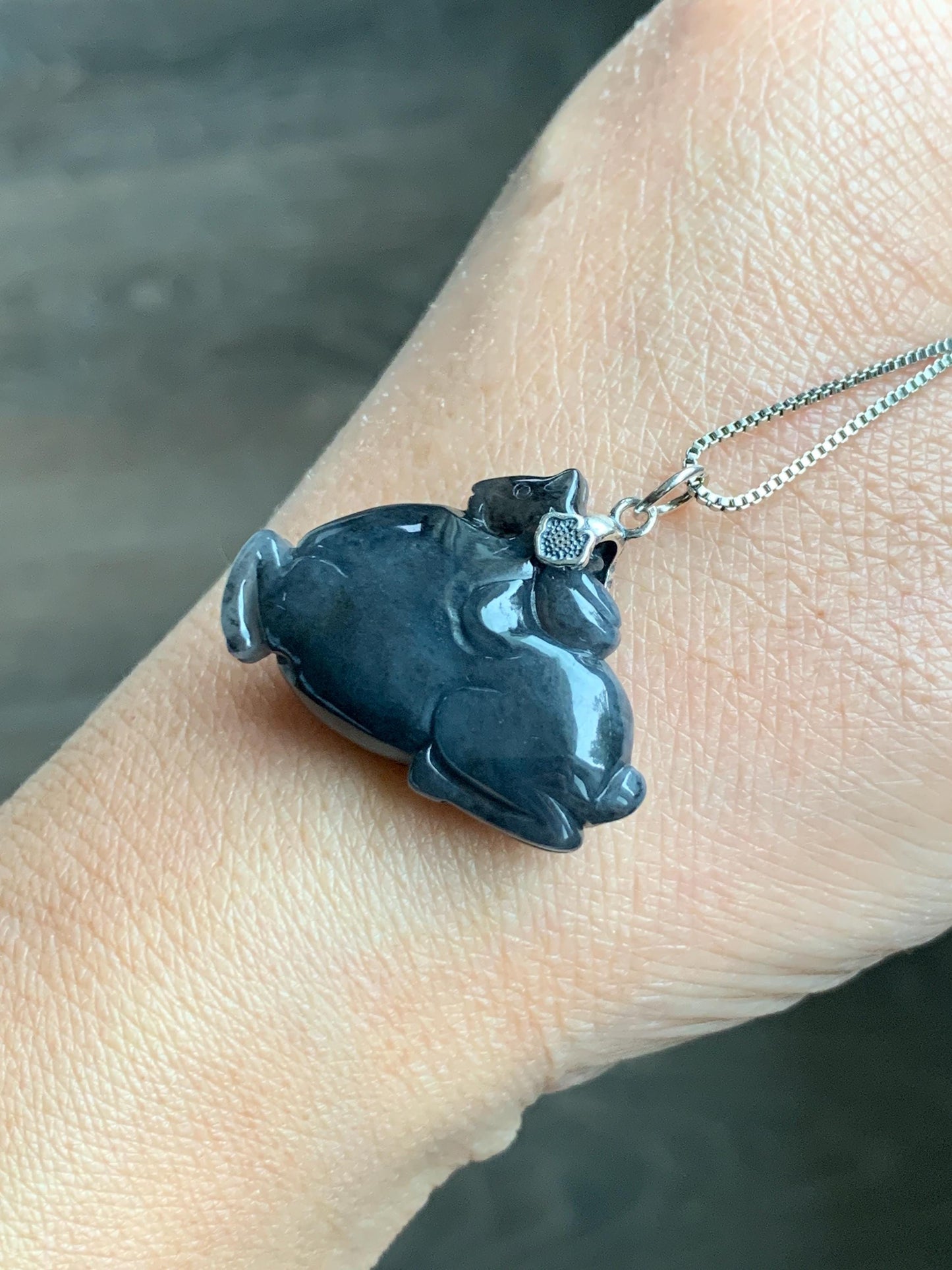 Natural Grade A Icy Translucent Gelatinous Dark Wuji Jade Jadeite Carved Tang Horse Pendant Sterling Silver 8g 天然冰胶深色乌鸡翡翠唐马银镶吊坠 MWJ440B