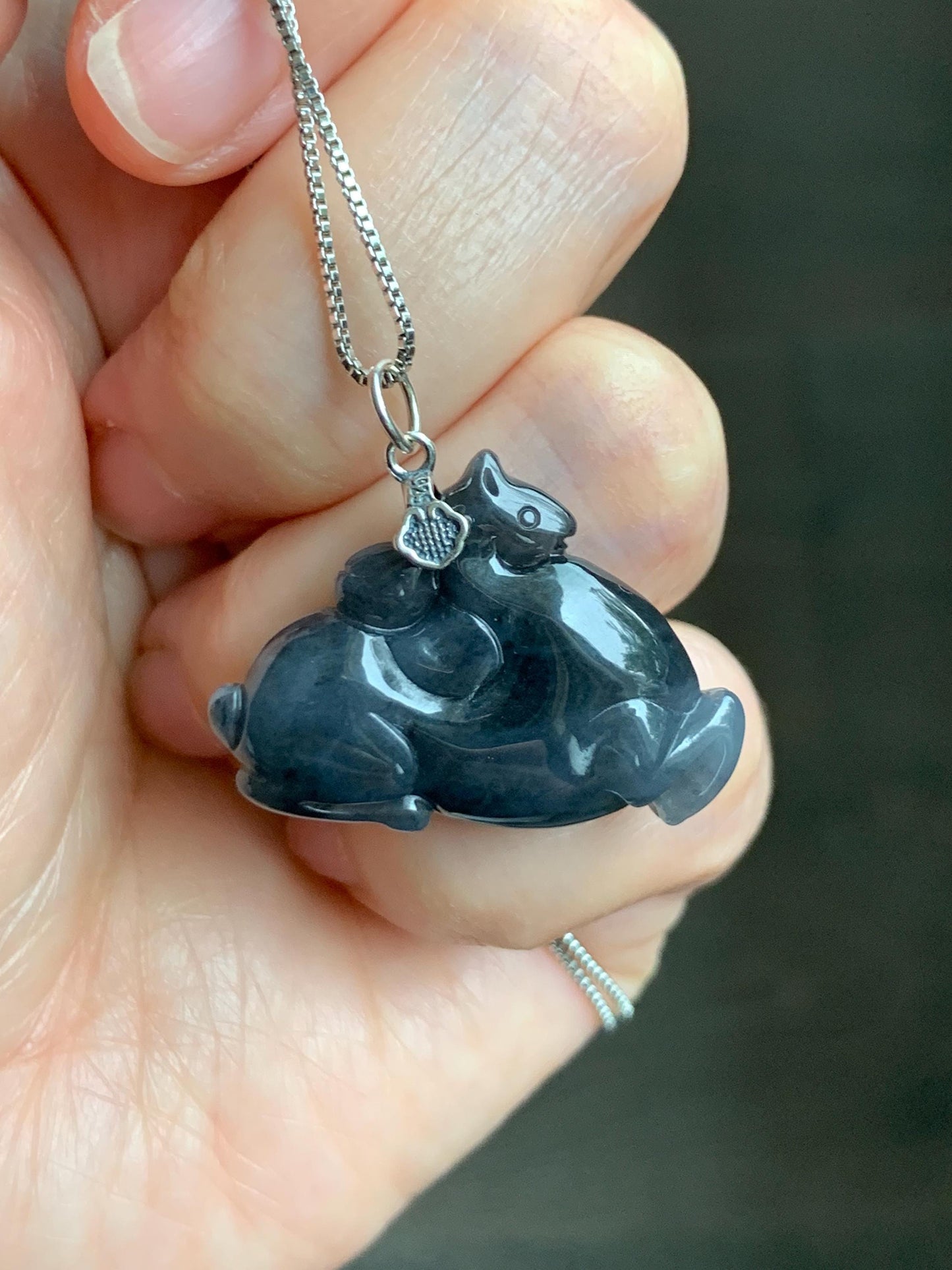 Natural Grade A Icy Translucent Gelatinous Dark Wuji Jade Jadeite Carved Tang Horse Pendant Sterling Silver 8g 天然冰胶深色乌鸡翡翠唐马银镶吊坠 MWJ440B