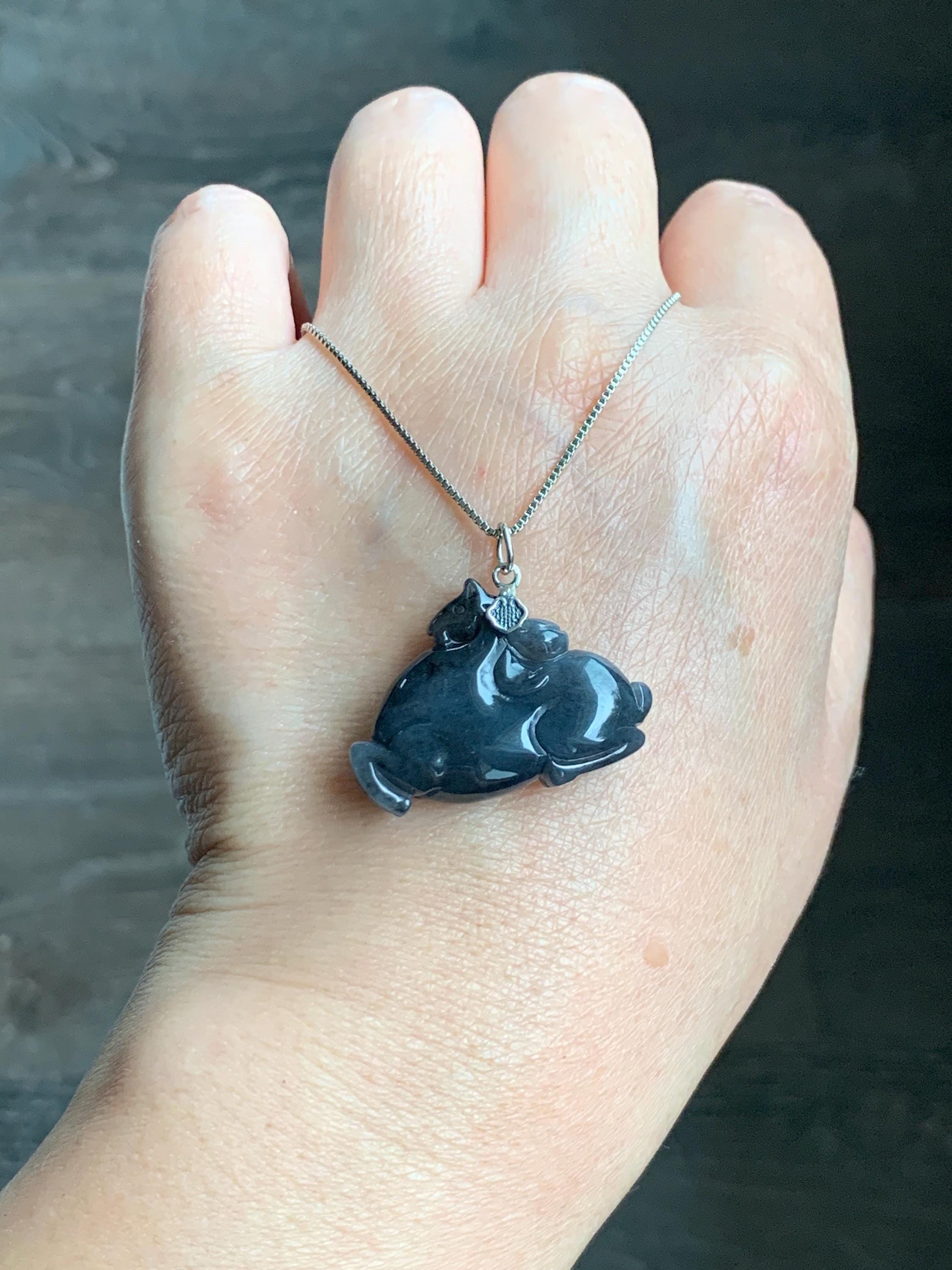 Natural Grade A Icy Translucent Gelatinous Dark Wuji Jade Jadeite Carved Tang Horse Pendant Sterling Silver 8g 天然冰胶深色乌鸡翡翠唐马银镶吊坠 MWJ440B