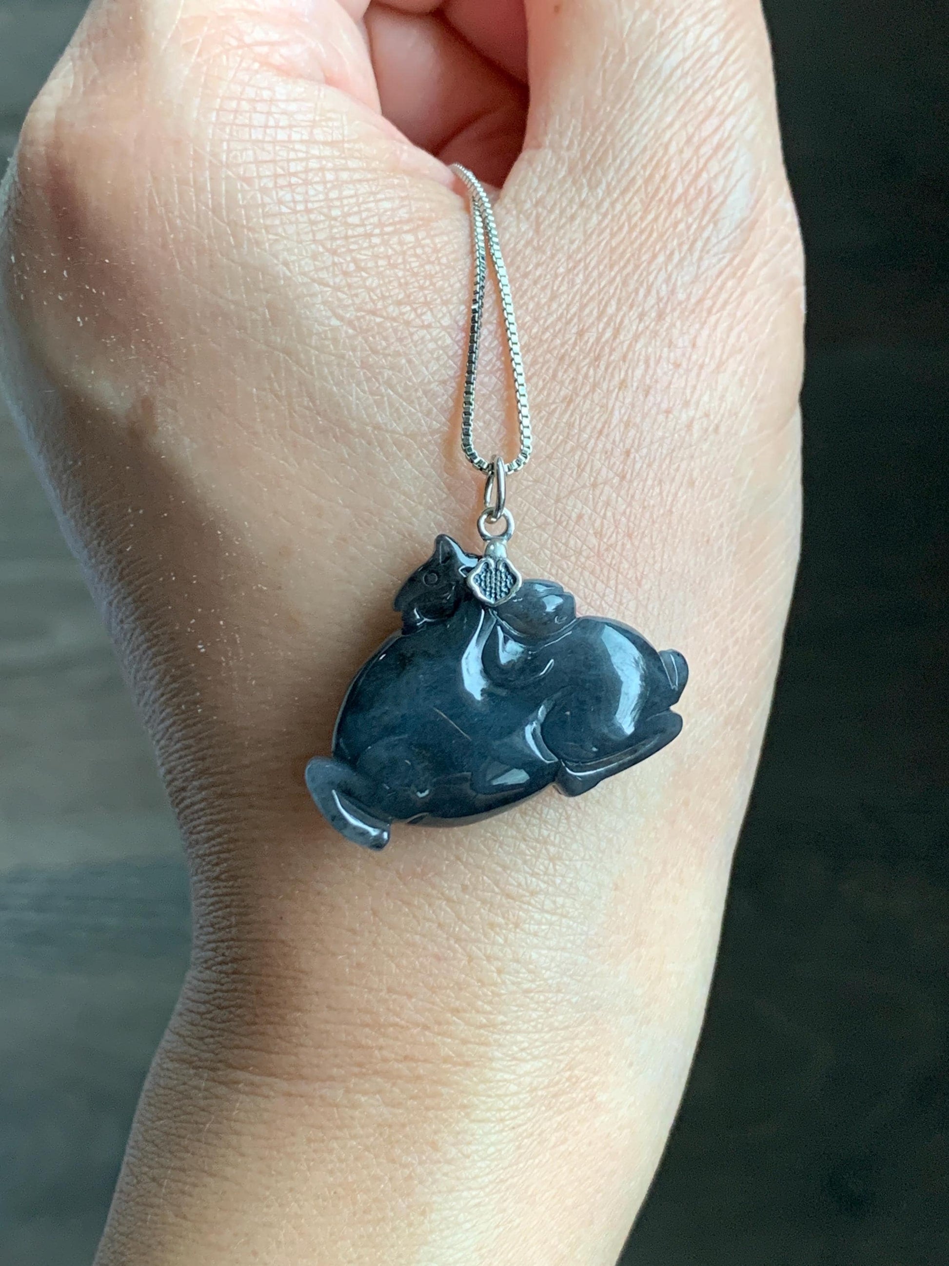Natural Grade A Icy Translucent Gelatinous Dark Wuji Jade Jadeite Carved Tang Horse Pendant Sterling Silver 8g 天然冰胶深色乌鸡翡翠唐马银镶吊坠 MWJ440B