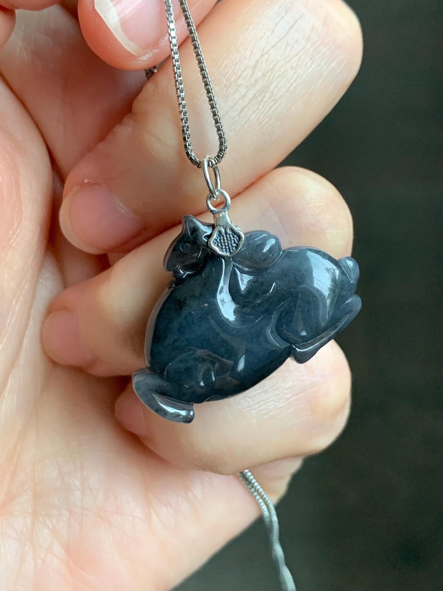 Natural Grade A Icy Translucent Gelatinous Dark Wuji Jade Jadeite Carved Tang Horse Pendant Sterling Silver 8g 天然冰胶深色乌鸡翡翠唐马银镶吊坠 MWJ440B