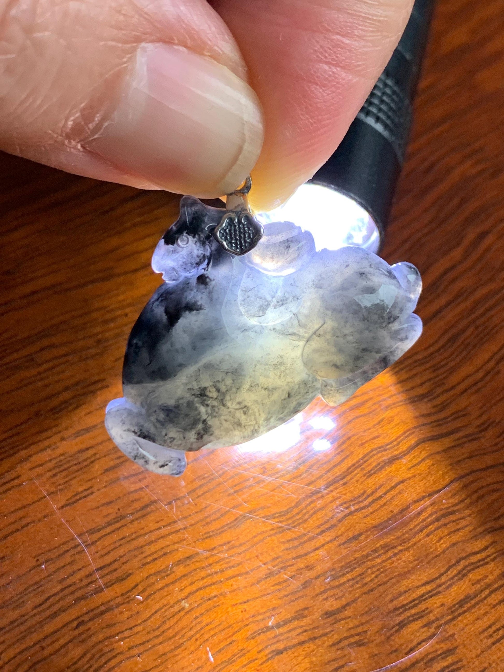 Natural Grade A Icy Translucent Gelatinous Dark Wuji Jade Jadeite Carved Tang Horse Pendant Sterling Silver 8g 天然冰胶深色乌鸡翡翠唐马银镶吊坠 MWJ440B