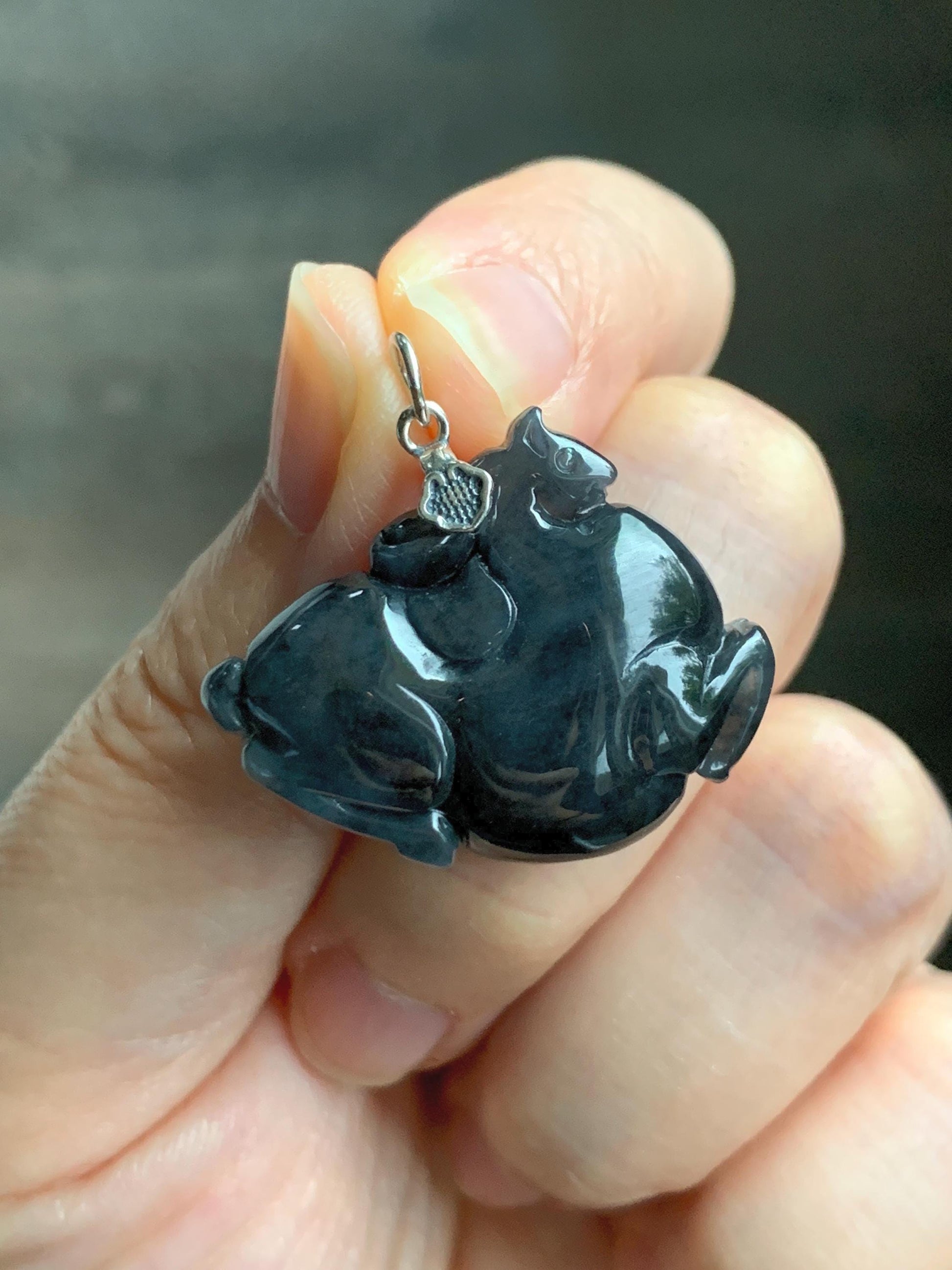 Natural Grade A Icy Translucent Gelatinous Dark Wuji Jade Jadeite Carved Tang Horse Pendant Sterling Silver 11g 天然冰胶深色乌鸡翡翠唐马银镶吊坠 MWJ440A