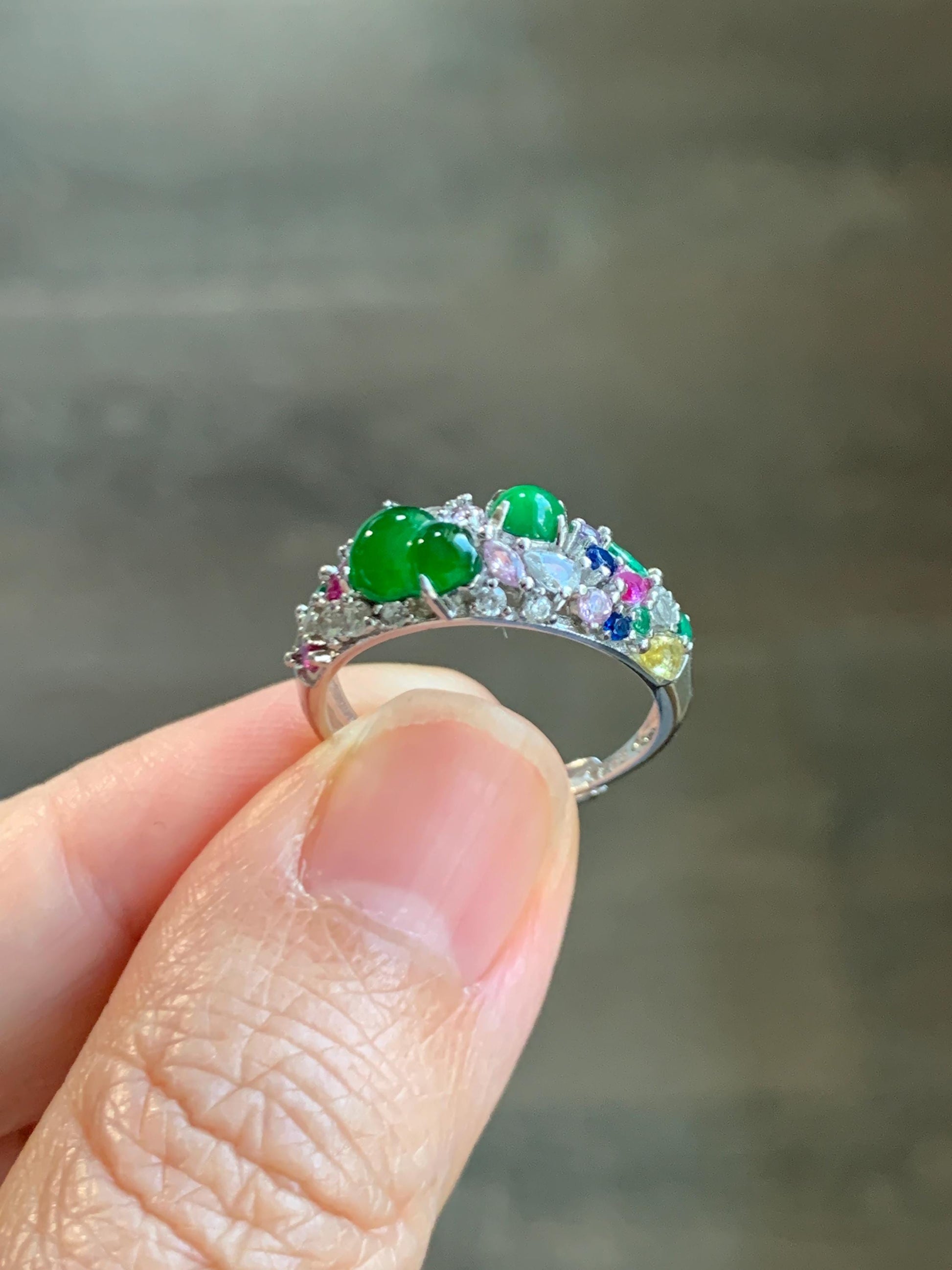 Natural Grade A Guatemalan Icy Translucent Vibrant Green Jade Jadeite Gourd Hulu Band Ring Sterling Silver Size 7 天然冰危绿翡翠花开富贵银镶戒指 HKFL98