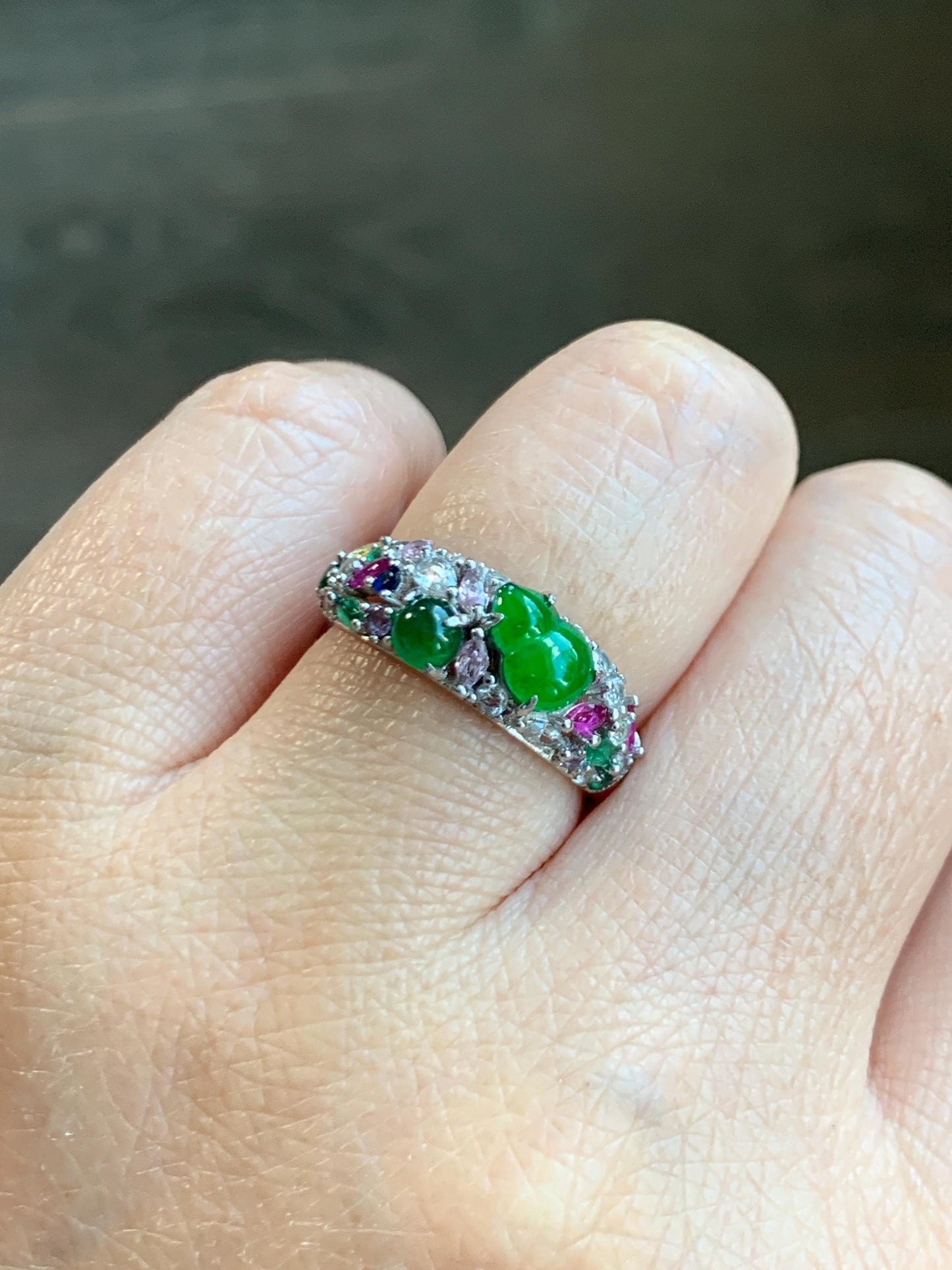 Natural Grade A Guatemalan Icy Translucent Vibrant Green Jade Jadeite Gourd Hulu Band Ring Sterling Silver Size 7 天然冰危绿翡翠花开富贵银镶戒指 HKFL98