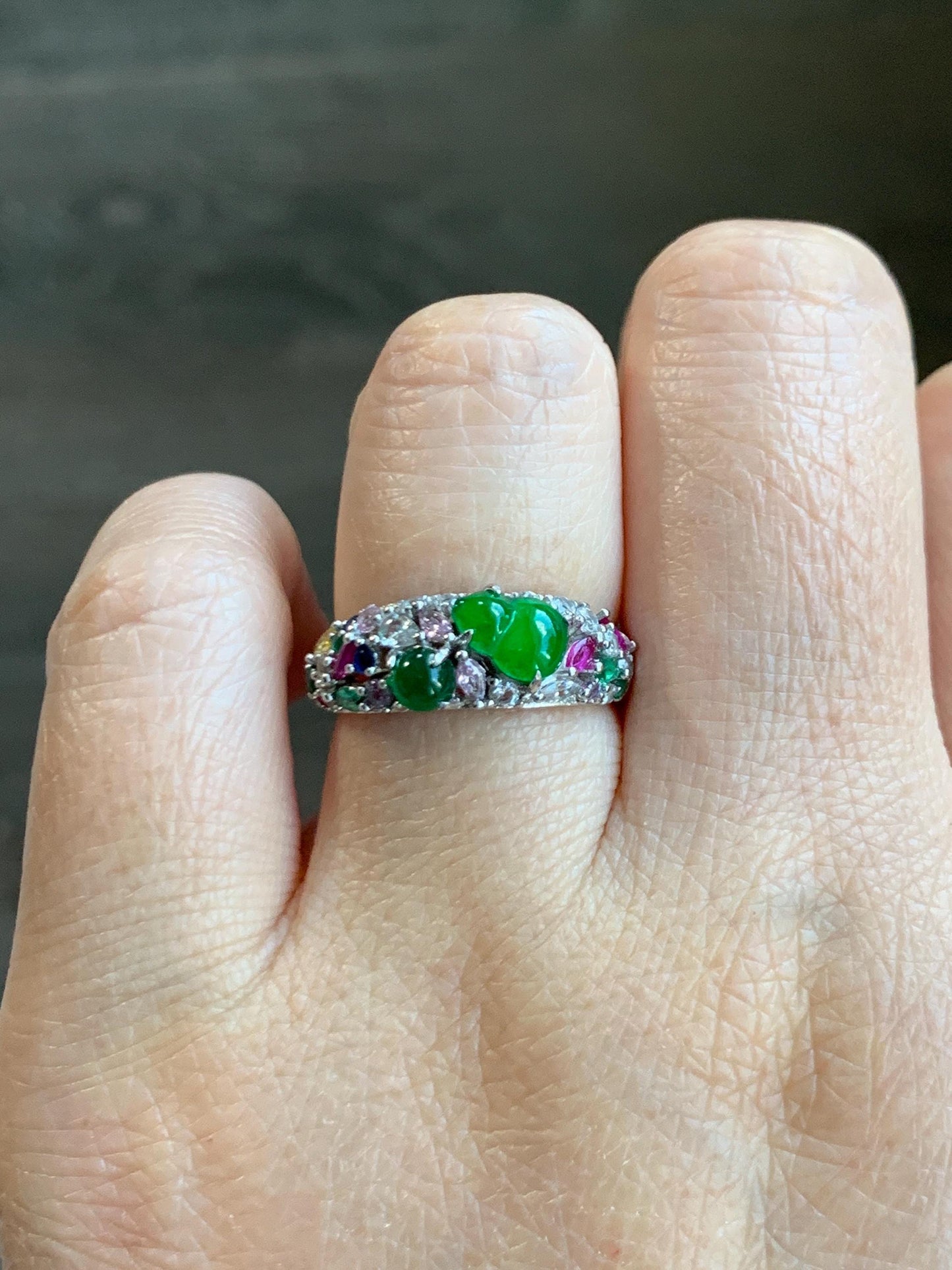 Natural Grade A Guatemalan Icy Translucent Vibrant Green Jade Jadeite Gourd Hulu Band Ring Sterling Silver Size 7 天然冰危绿翡翠花开富贵银镶戒指 HKFL98