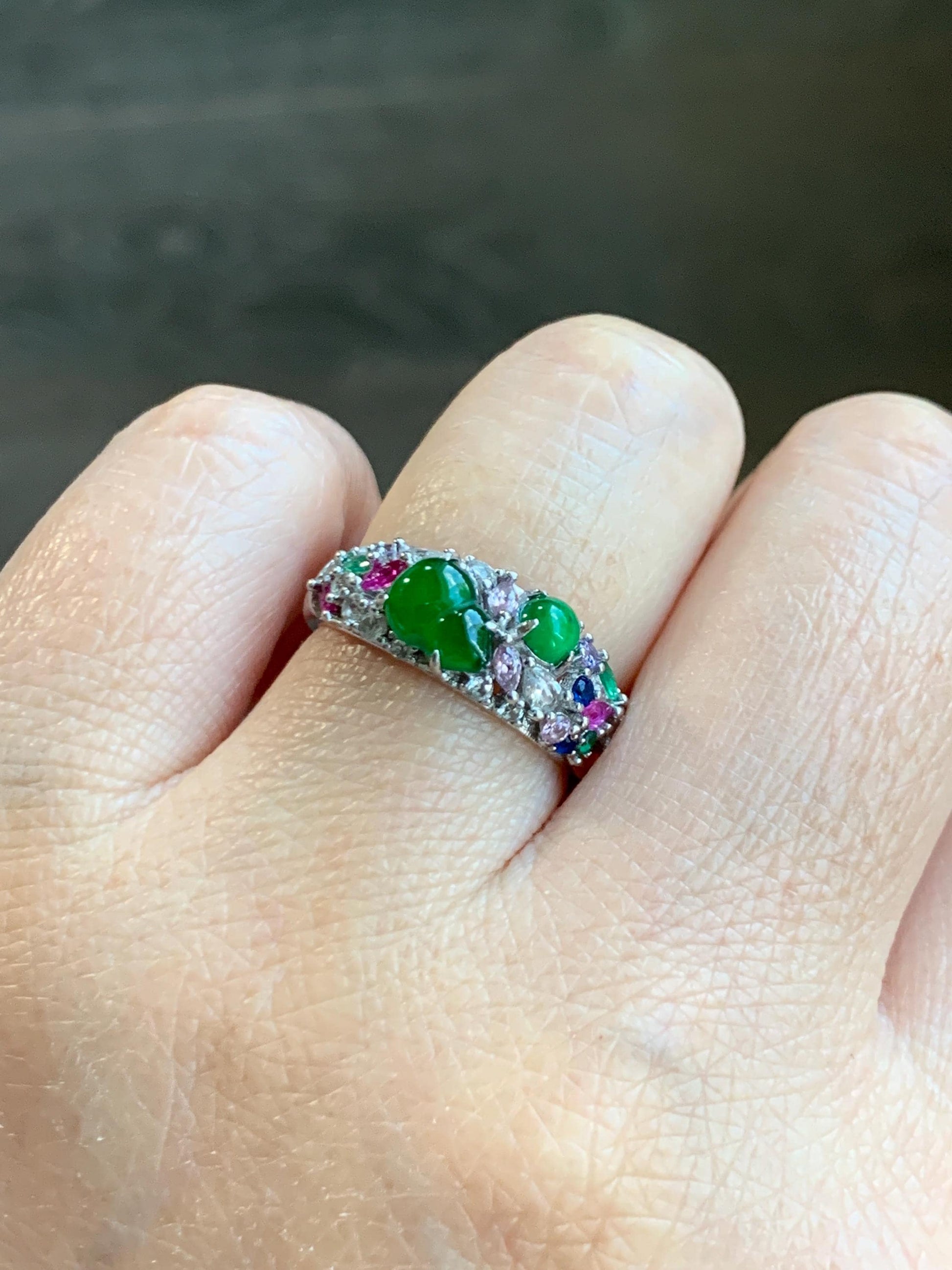 Natural Grade A Guatemalan Icy Translucent Vibrant Green Jade Jadeite Gourd Hulu Band Ring Sterling Silver Size 7 天然冰危绿翡翠花开富贵银镶戒指 HKFL98