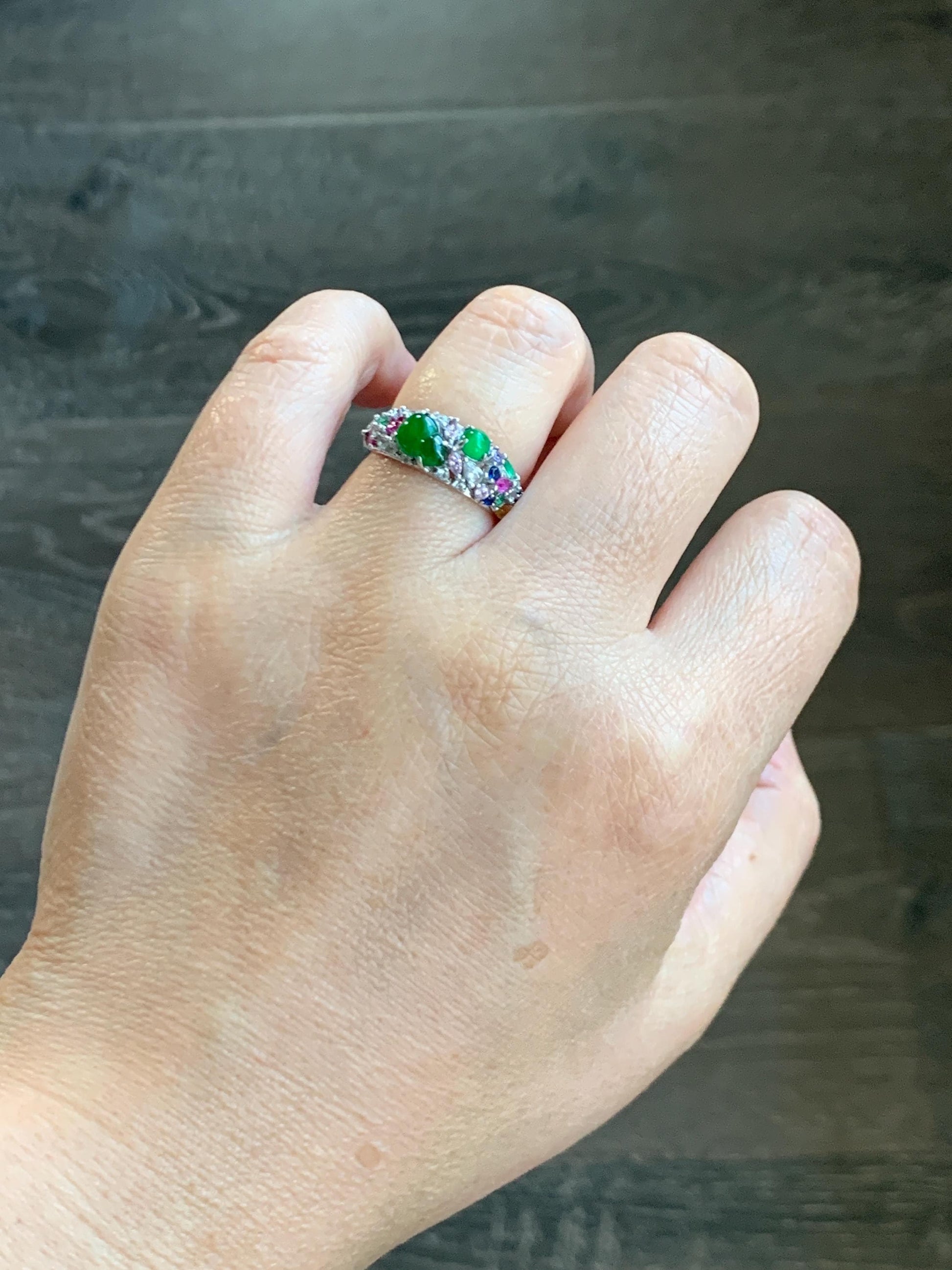Natural Grade A Guatemalan Icy Translucent Vibrant Green Jade Jadeite Gourd Hulu Band Ring Sterling Silver Size 7 天然冰危绿翡翠花开富贵银镶戒指 HKFL98