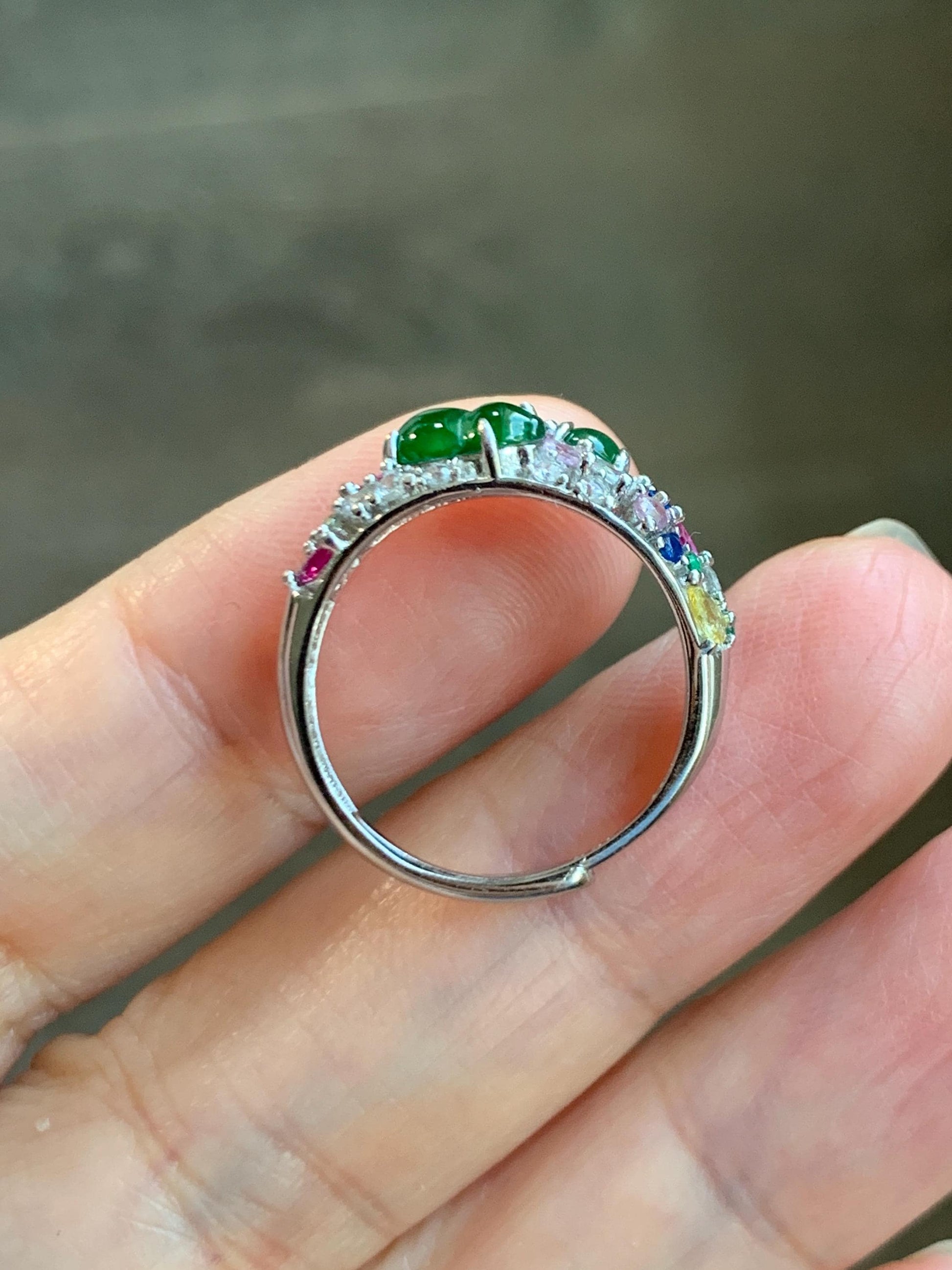 Natural Grade A Guatemalan Icy Translucent Vibrant Green Jade Jadeite Gourd Hulu Band Ring Sterling Silver Size 7 天然冰危绿翡翠花开富贵银镶戒指 HKFL98