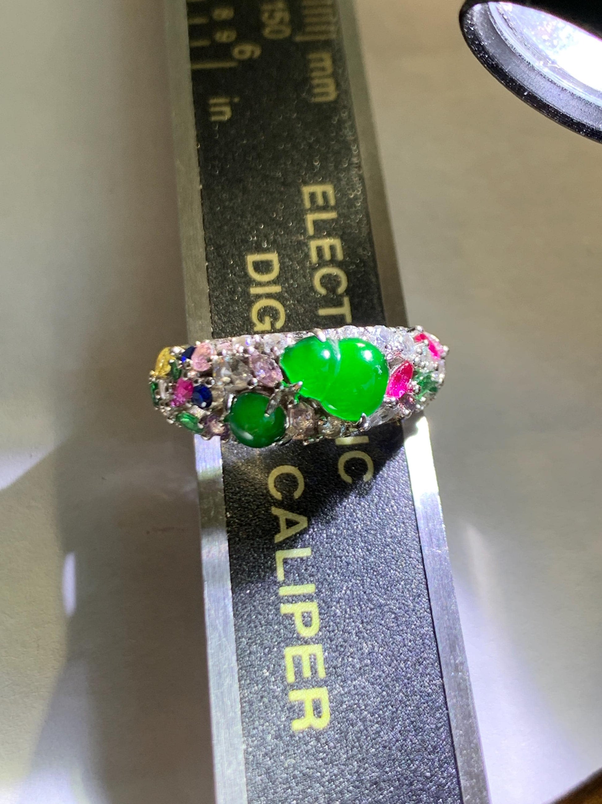 Natural Grade A Guatemalan Icy Translucent Vibrant Green Jade Jadeite Gourd Hulu Band Ring Sterling Silver Size 7 天然冰危绿翡翠花开富贵银镶戒指 HKFL98