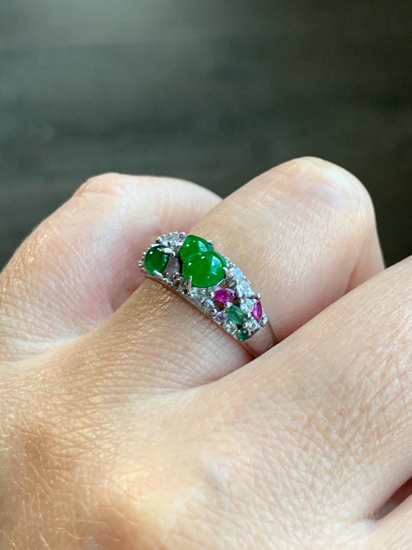 Natural Grade A Guatemalan Icy Translucent Vibrant Green Jade Jadeite Gourd Hulu Band Ring Sterling Silver Size 7 天然冰危绿翡翠花开富贵银镶戒指 HKFL98