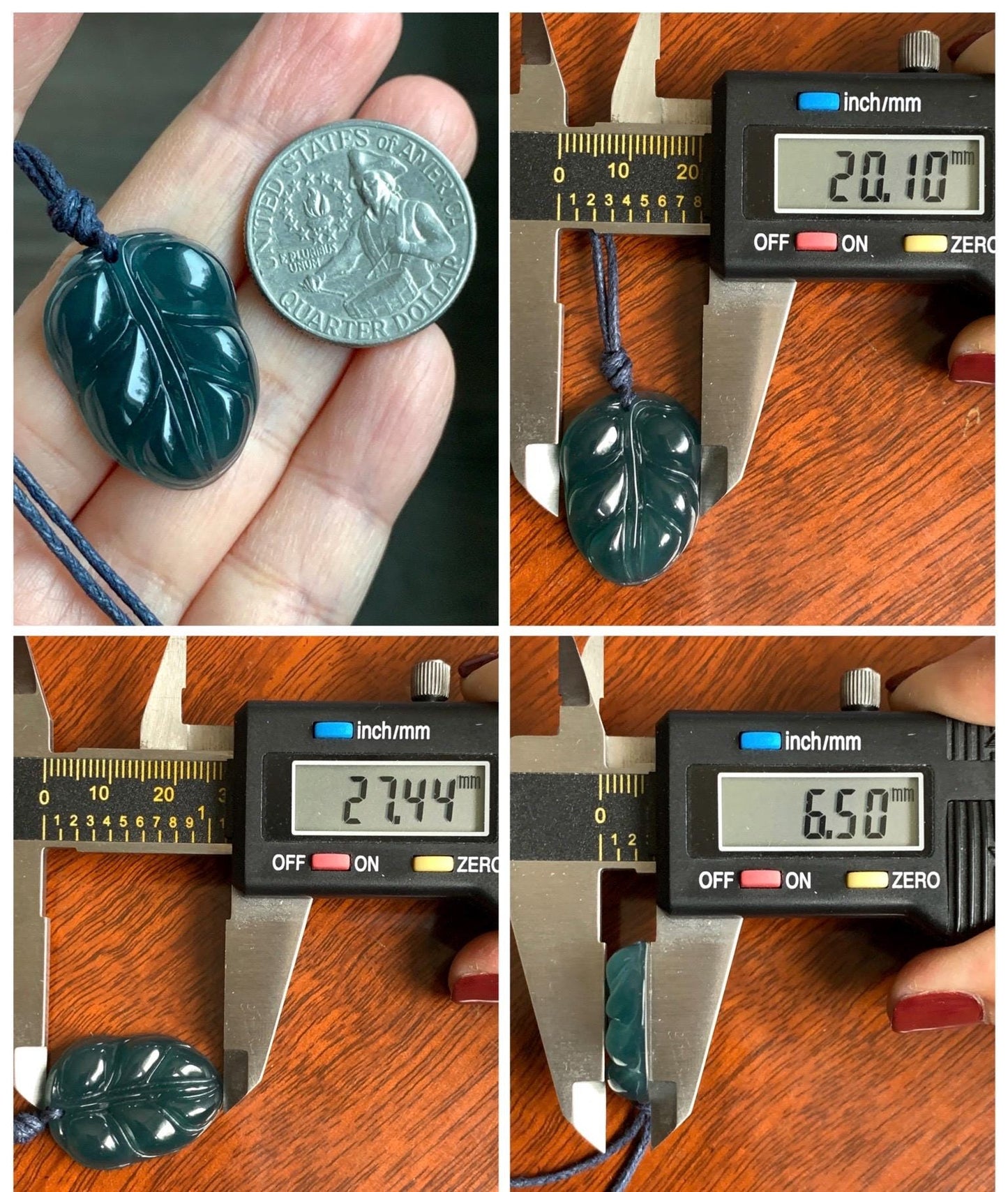 Natural Grade A Guatemalan Icy Translucent Dark Teal Blue Jade Jadeite Carved Leaf Pendant Rope Necklace 25” 8g 天然老种冰危深蓝水翡翠大叶有成吊坠 SLY99A