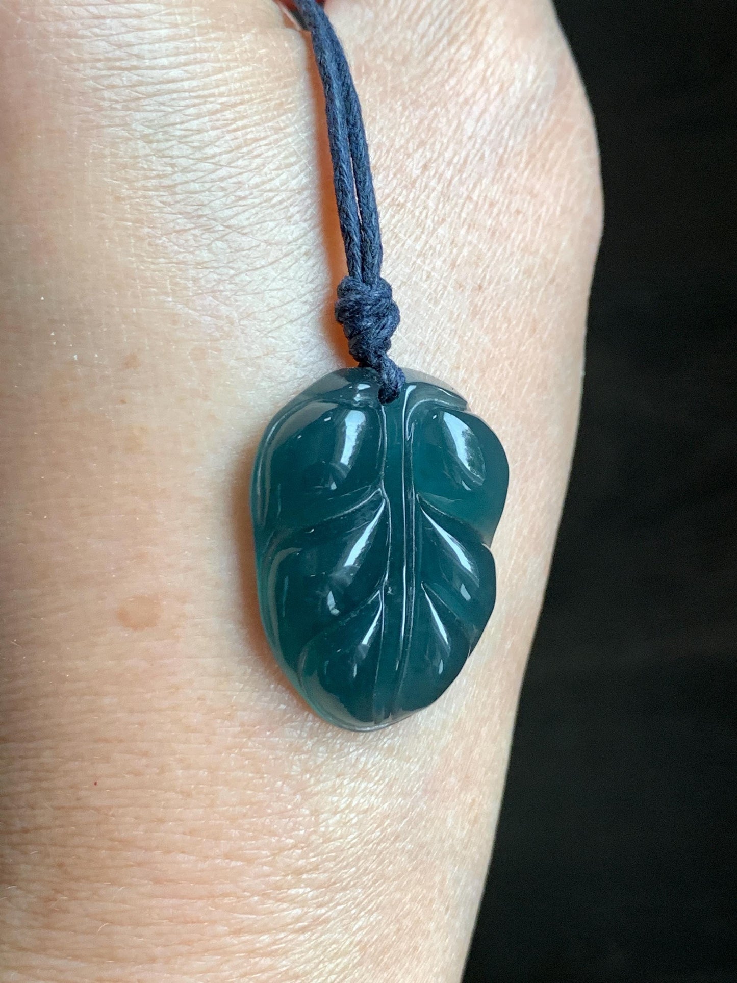 Natural Grade A Guatemalan Icy Translucent Dark Teal Blue Jade Jadeite Carved Leaf Pendant Rope Necklace 25” 8g 天然老种冰危深蓝水翡翠大叶有成吊坠 SLY99A