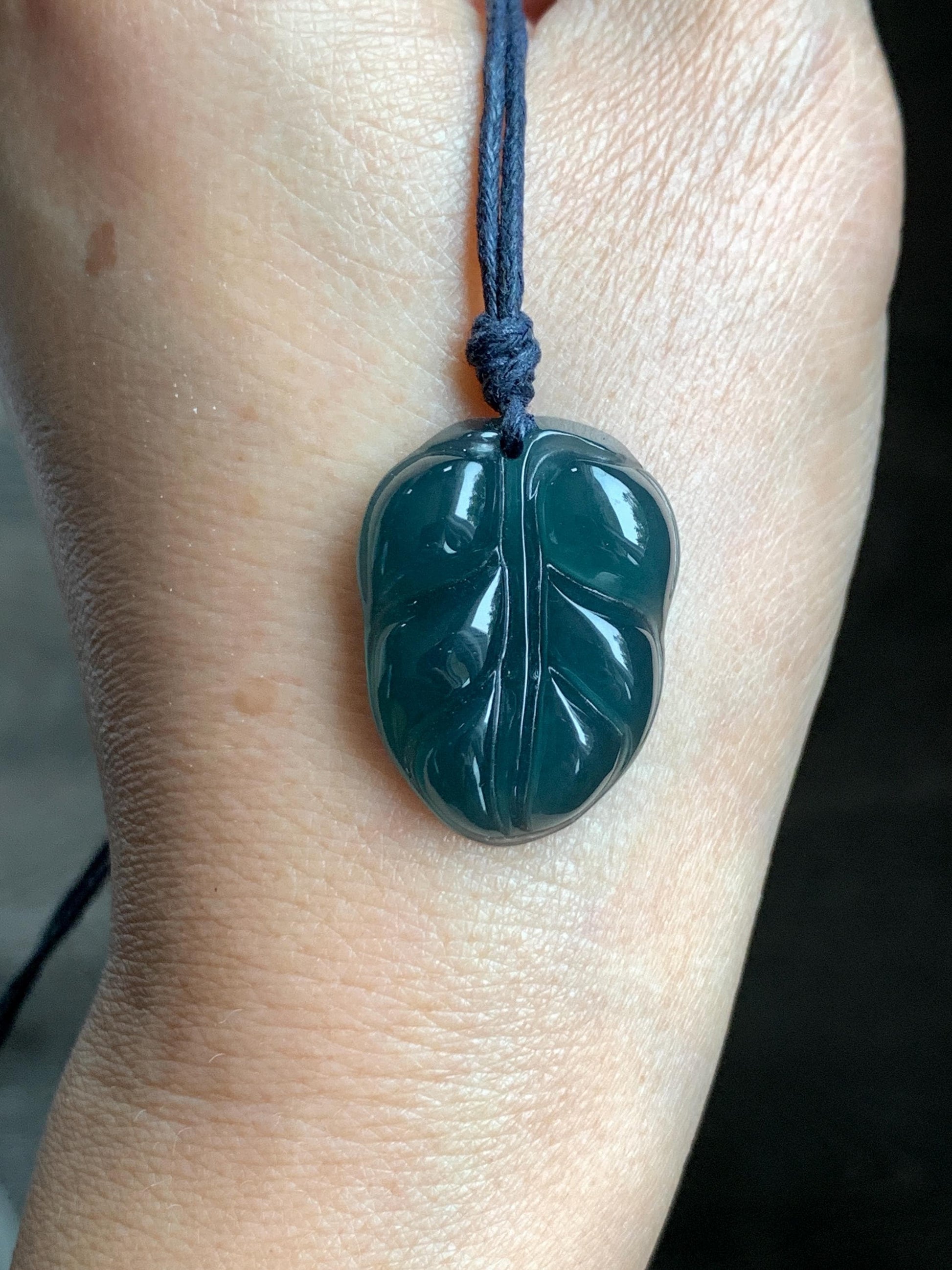 Natural Grade A Guatemalan Icy Translucent Dark Teal Blue Jade Jadeite Carved Leaf Pendant Rope Necklace 25” 8g 天然老种冰危深蓝水翡翠大叶有成吊坠 SLY99A