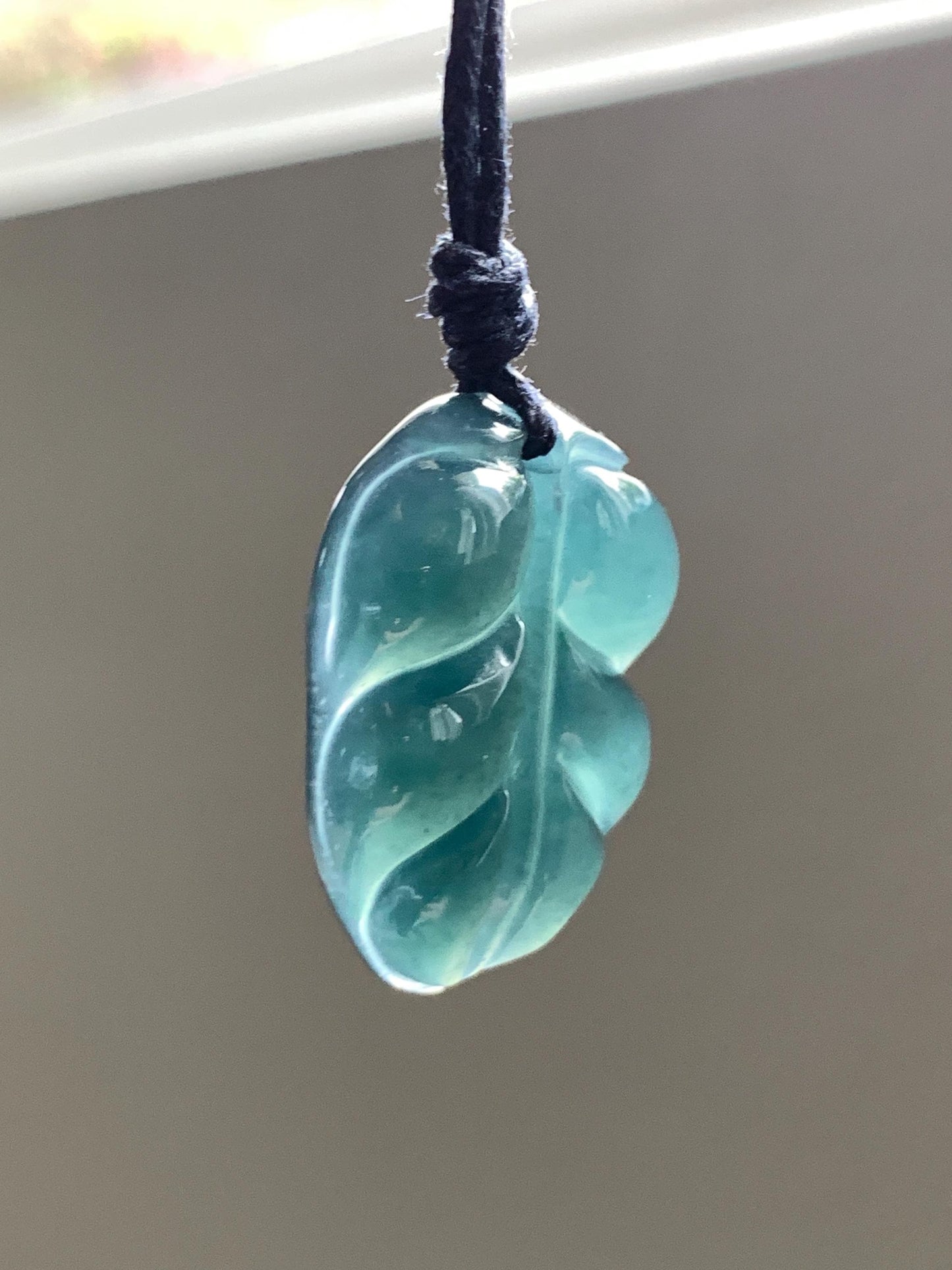Natural Grade A Guatemalan Icy Translucent Dark Teal Blue Jade Jadeite Carved Leaf Pendant Rope Necklace 25” 8g 天然老种冰危深蓝水翡翠大叶有成吊坠 SLY99A