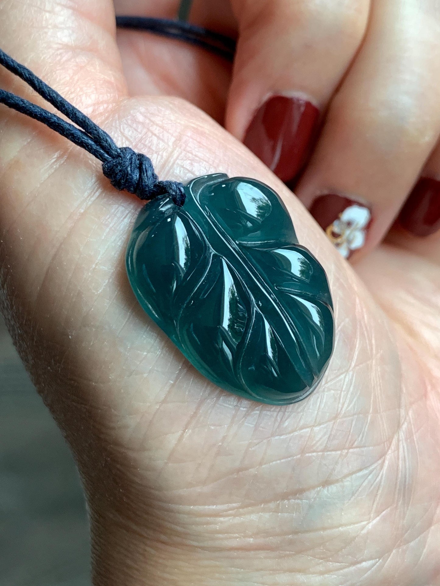 Natural Grade A Guatemalan Icy Translucent Dark Teal Blue Jade Jadeite Carved Leaf Pendant Rope Necklace 25” 8g 天然老种冰危深蓝水翡翠大叶有成吊坠 SLY99A
