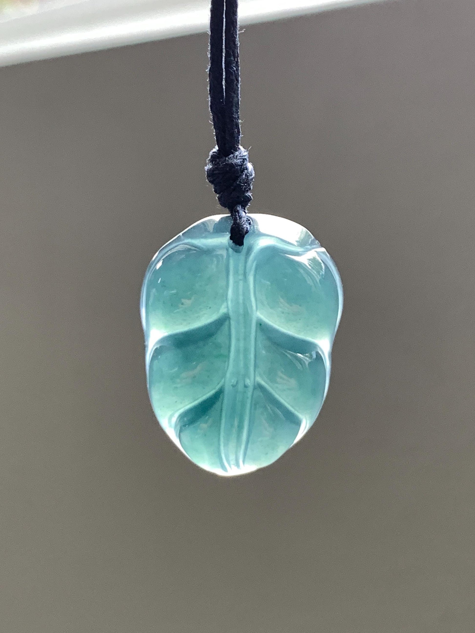 Natural Grade A Guatemalan Icy Translucent Dark Teal Blue Jade Jadeite Carved Leaf Pendant Rope Necklace 25” 8g 天然老种冰危深蓝水翡翠大叶有成吊坠 SLY99A