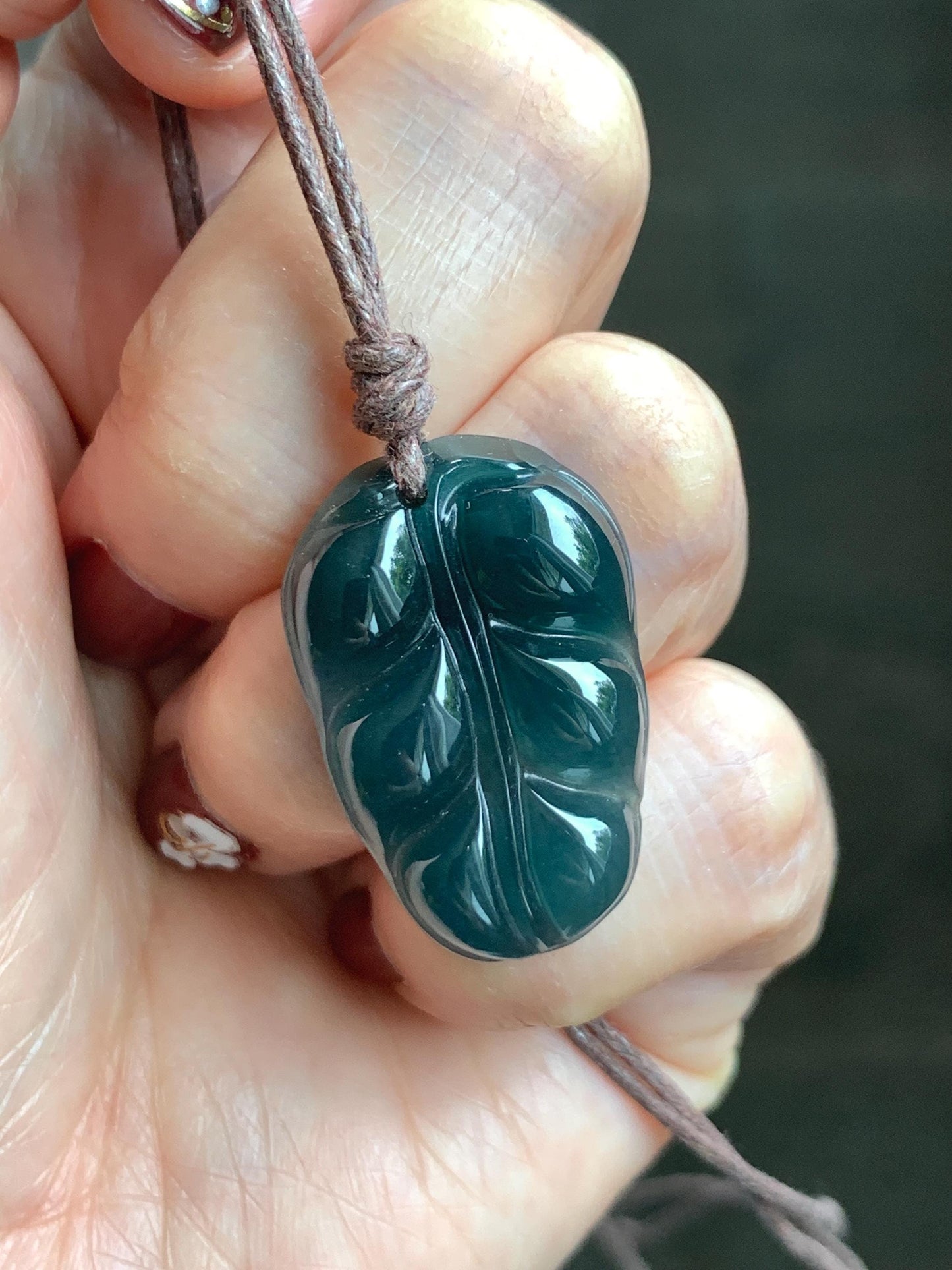 Natural Grade A Guatemalan Icy Translucent Dark Teal Blue Jade Jadeite Carved Leaf Pendant Rope Necklace 25” 7g 天然老种冰危深蓝水翡翠大叶有成吊坠 SLY99B