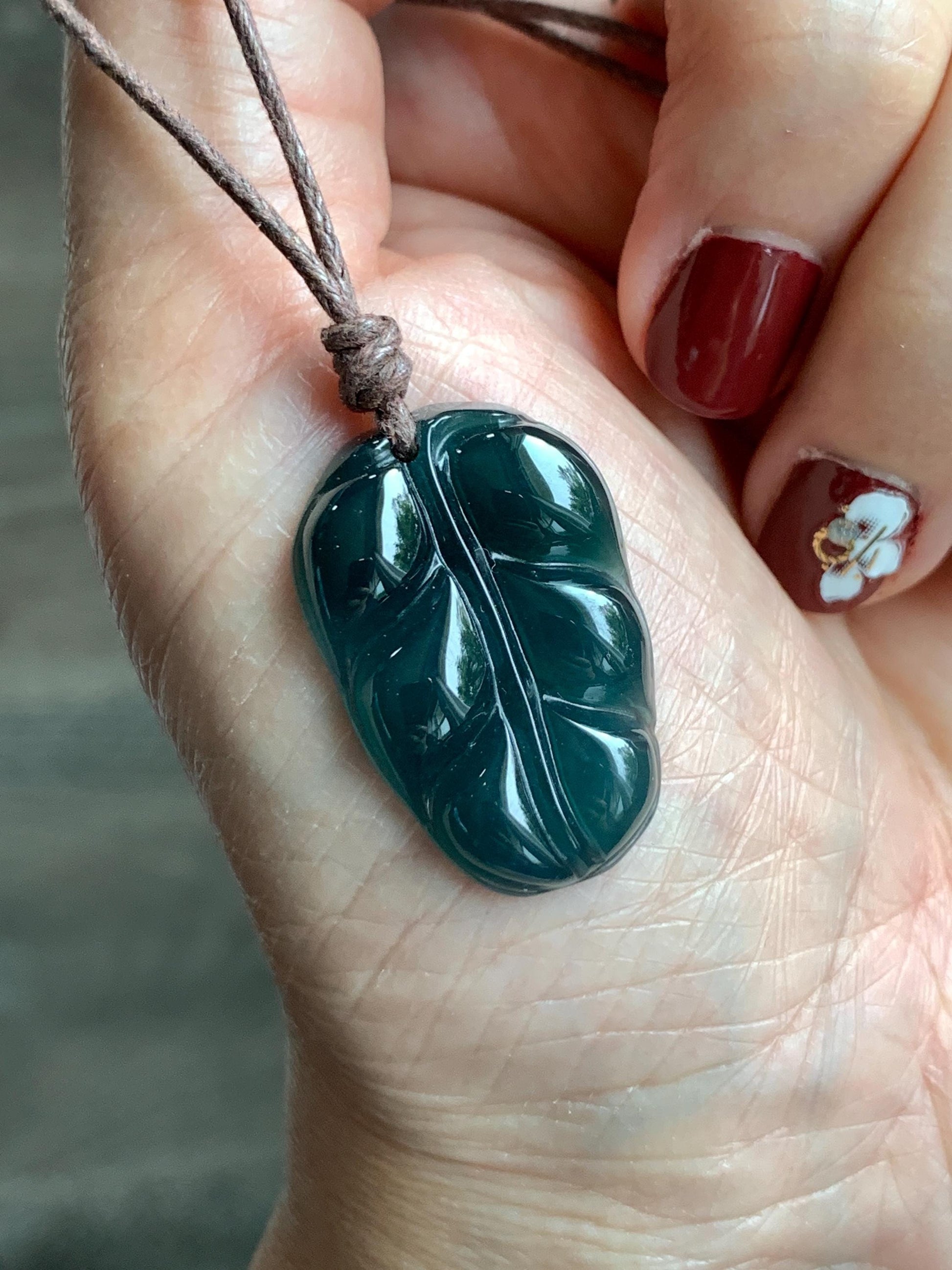 Natural Grade A Guatemalan Icy Translucent Dark Teal Blue Jade Jadeite Carved Leaf Pendant Rope Necklace 25” 7g 天然老种冰危深蓝水翡翠大叶有成吊坠 SLY99B