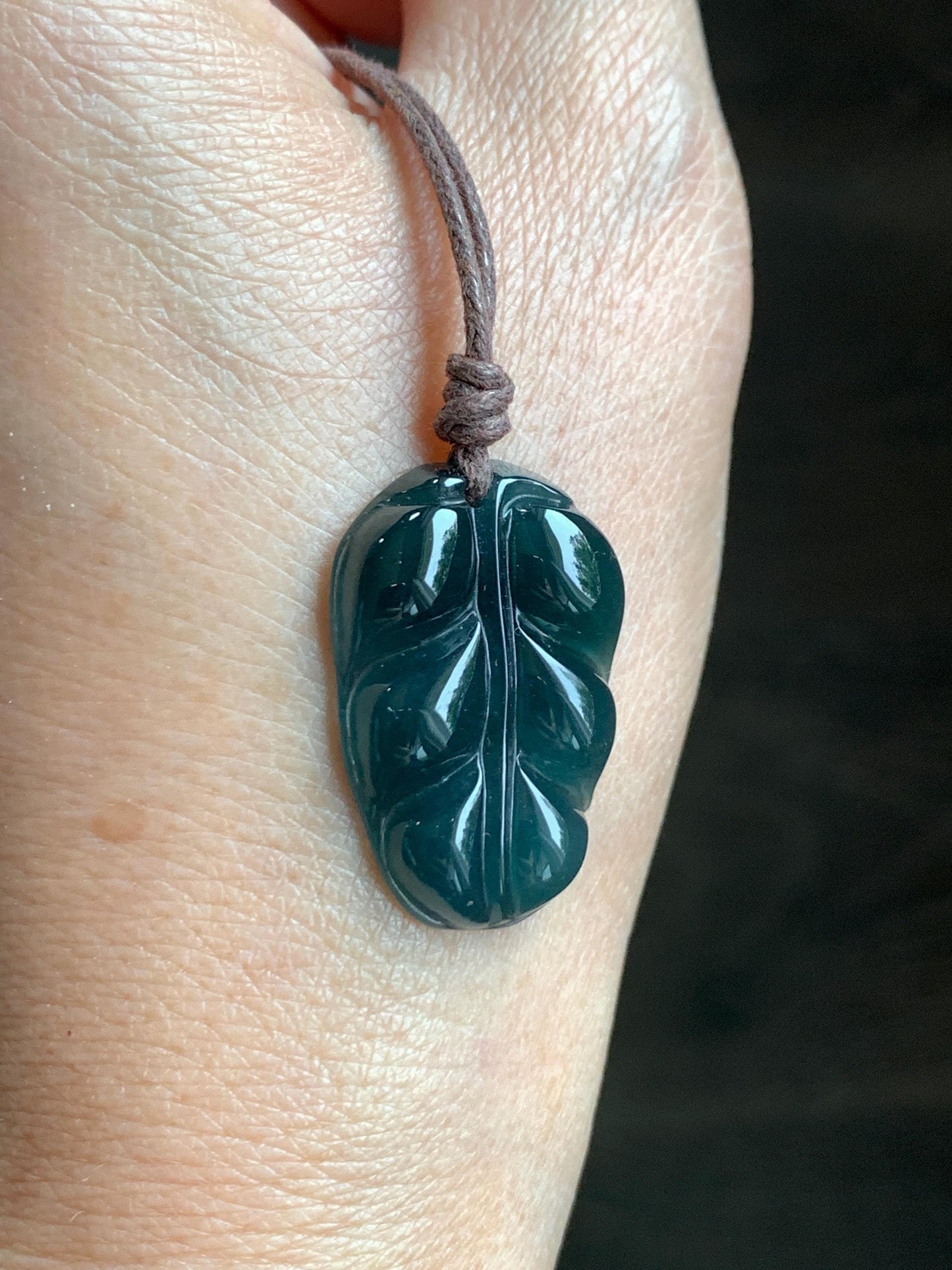 Natural Grade A Guatemalan Icy Translucent Dark Teal Blue Jade Jadeite Carved Leaf Pendant Rope Necklace 25” 7g 天然老种冰危深蓝水翡翠大叶有成吊坠 SLY99B