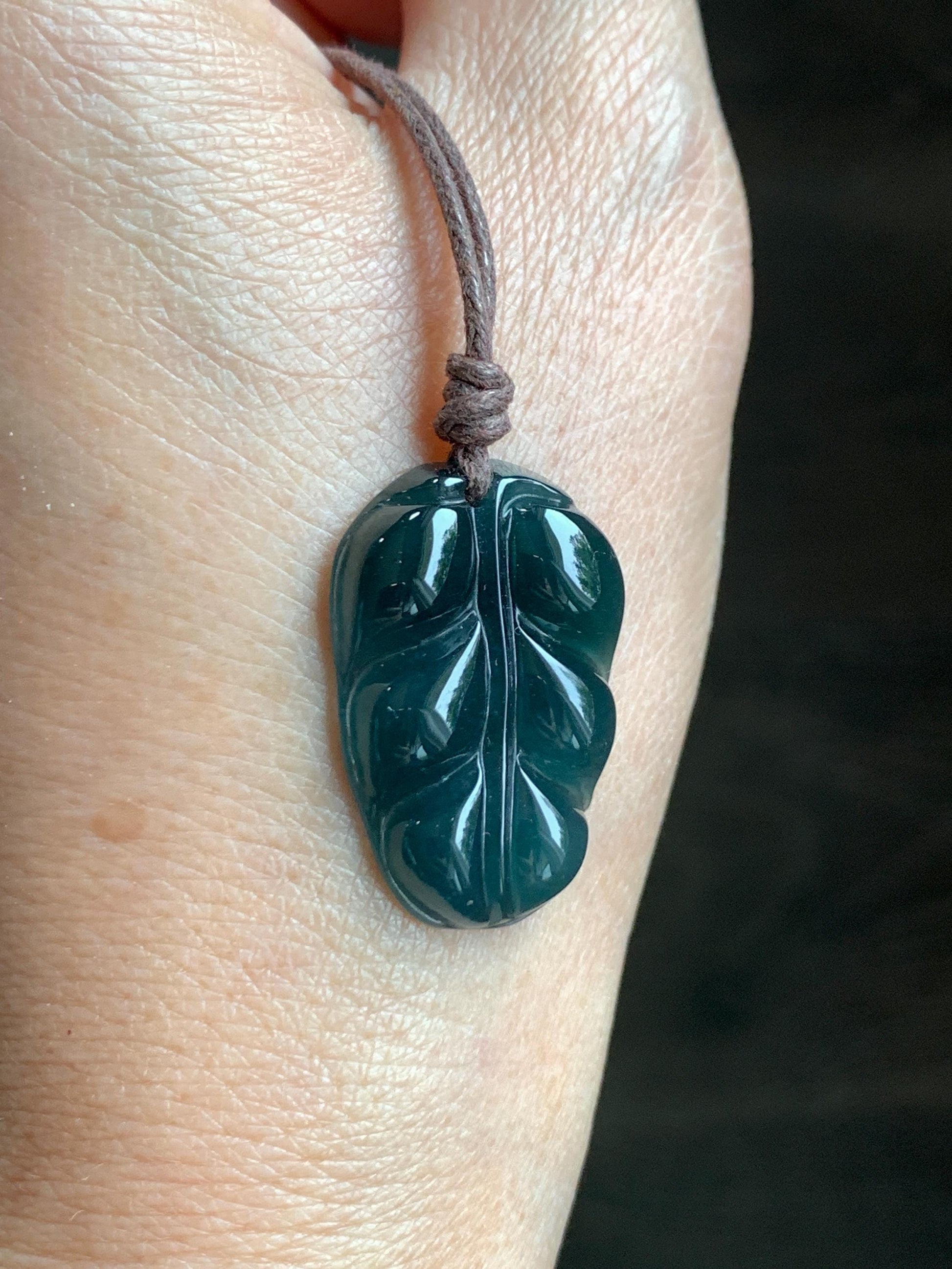 Natural Grade A Guatemalan Icy Translucent Dark Teal Blue Jade Jadeite Carved Leaf Pendant Rope Necklace 25” 7g 天然老种冰危深蓝水翡翠大叶有成吊坠 SLY99B