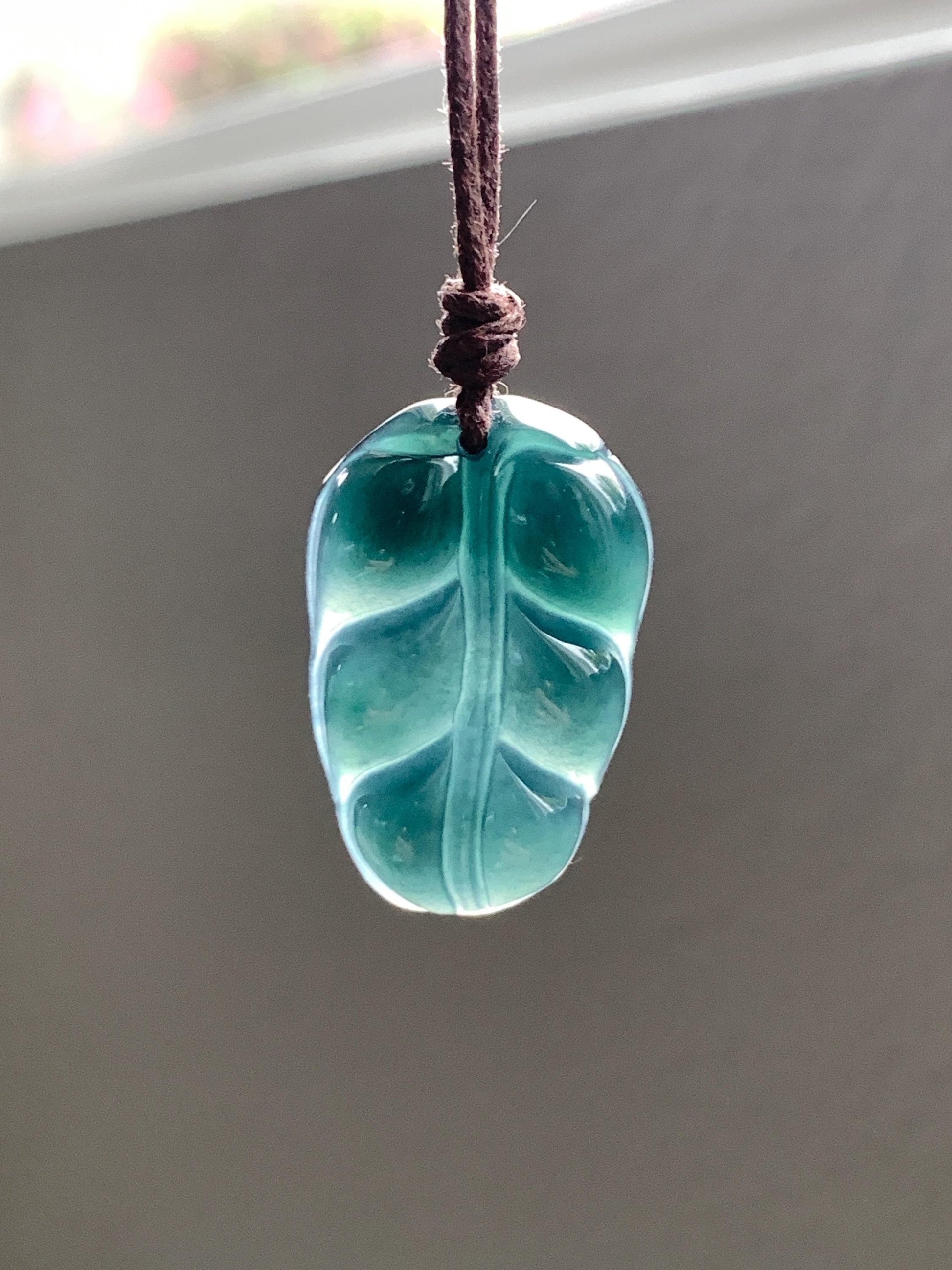 Natural Grade A Guatemalan Icy Translucent Dark Teal Blue Jade Jadeite Carved Leaf Pendant Rope Necklace 25” 7g 天然老种冰危深蓝水翡翠大叶有成吊坠 SLY99B