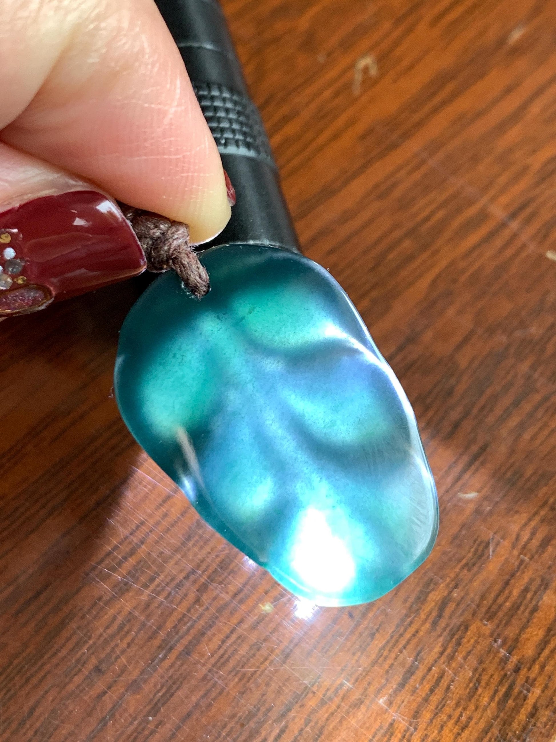 Natural Grade A Guatemalan Icy Translucent Dark Teal Blue Jade Jadeite Carved Leaf Pendant Rope Necklace 25” 7g 天然老种冰危深蓝水翡翠大叶有成吊坠 SLY99B