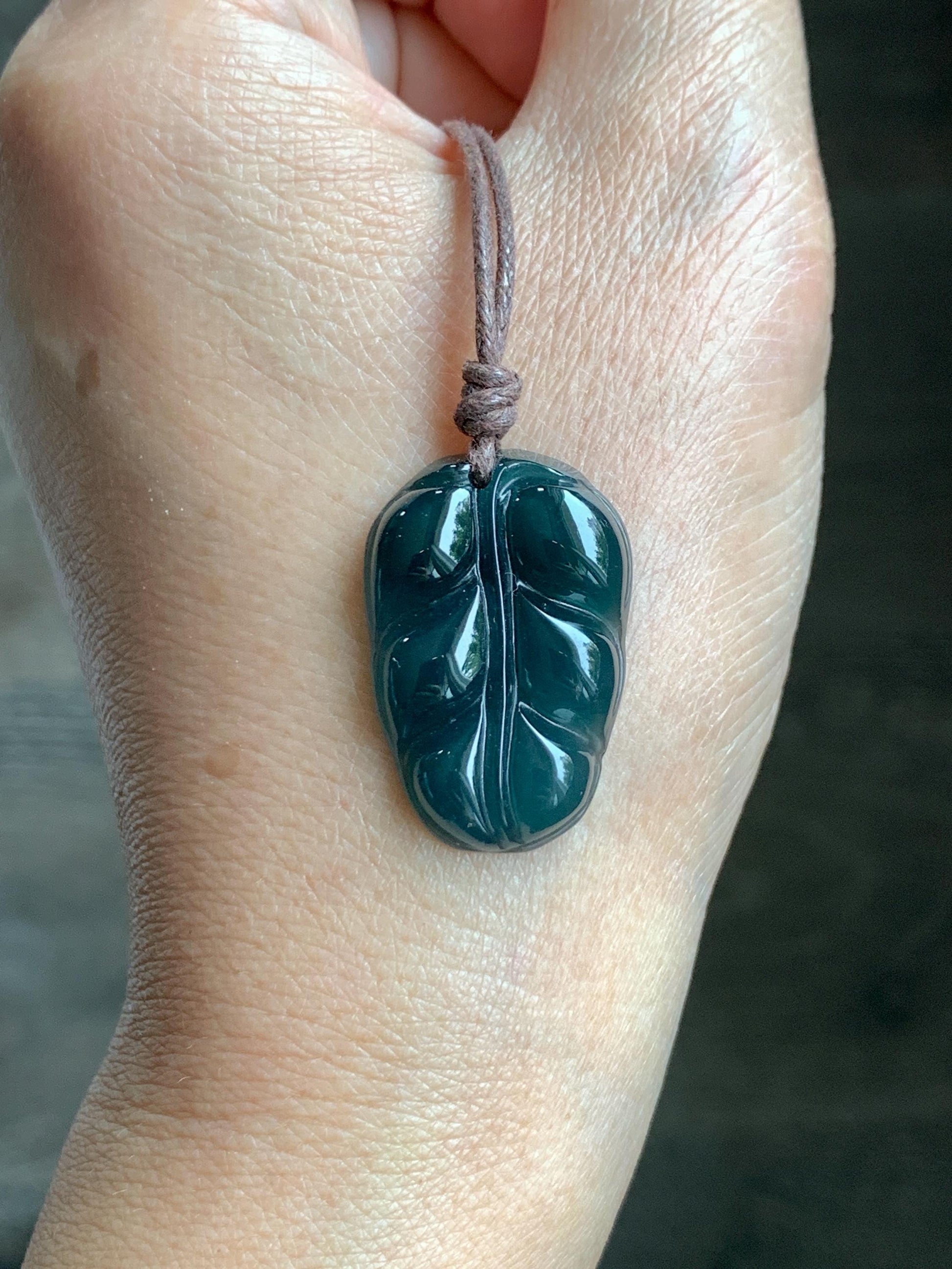 Natural Grade A Guatemalan Icy Translucent Dark Teal Blue Jade Jadeite Carved Leaf Pendant Rope Necklace 25” 7g 天然老种冰危深蓝水翡翠大叶有成吊坠 SLY99B
