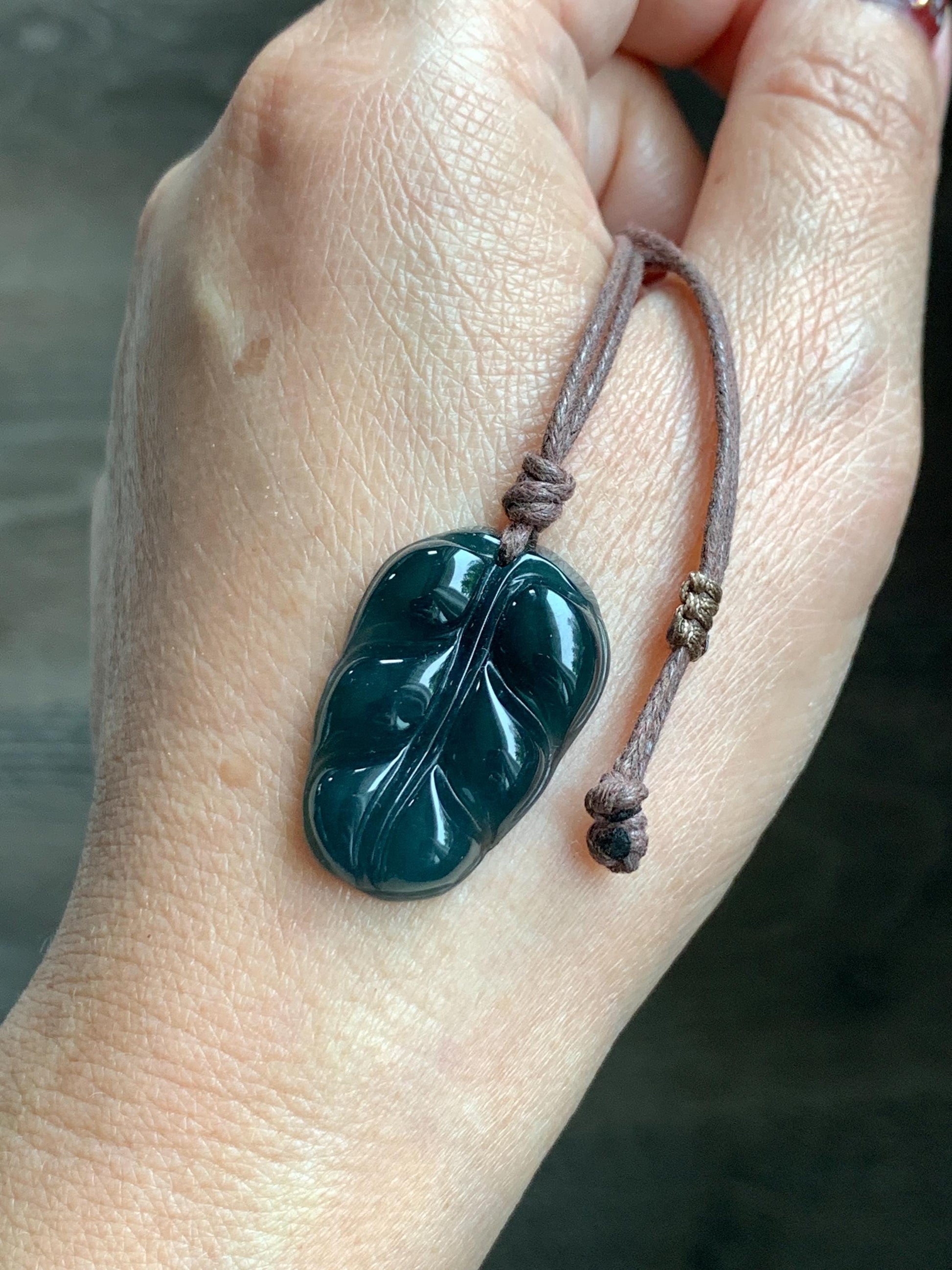 Natural Grade A Guatemalan Icy Translucent Dark Teal Blue Jade Jadeite Carved Leaf Pendant Rope Necklace 25” 7g 天然老种冰危深蓝水翡翠大叶有成吊坠 SLY99B