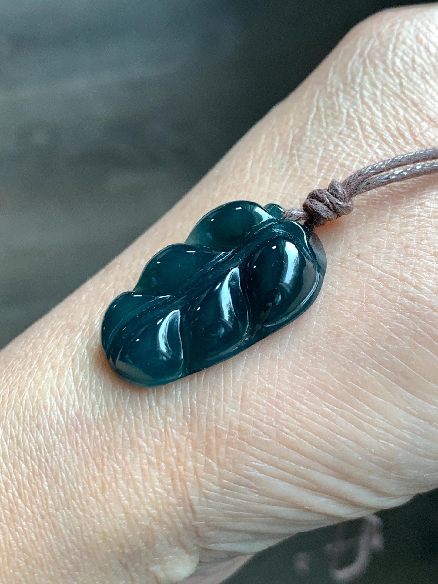 Natural Grade A Guatemalan Icy Translucent Dark Teal Blue Jade Jadeite Carved Leaf Pendant Rope Necklace 25” 7g 天然老种冰危深蓝水翡翠大叶有成吊坠 SLY99B