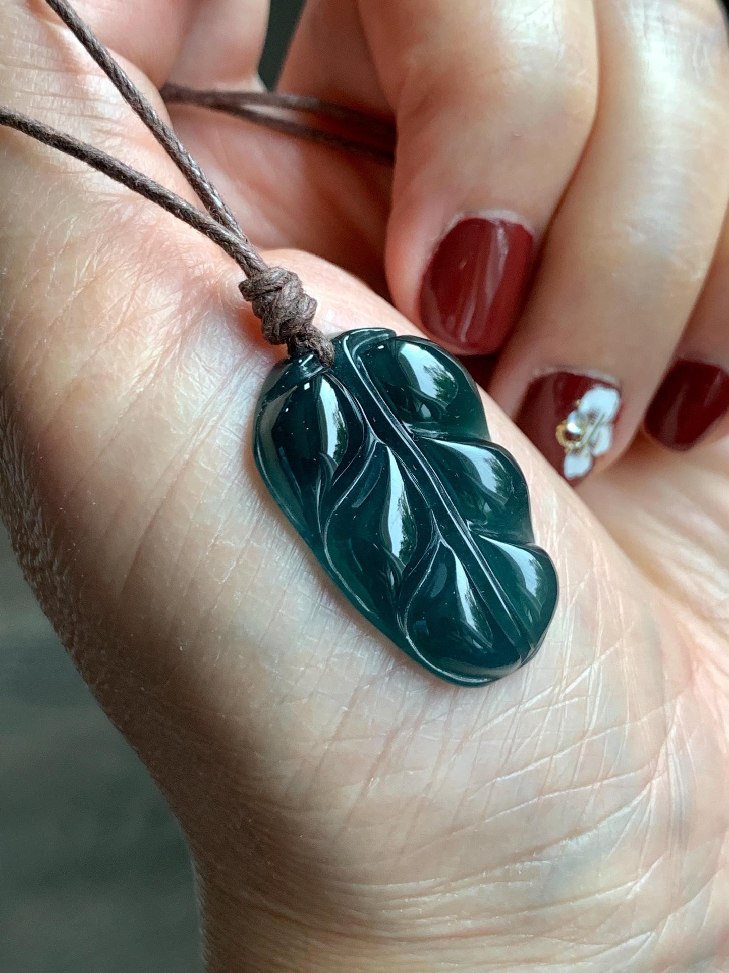 Natural Grade A Guatemalan Icy Translucent Dark Teal Blue Jade Jadeite Carved Leaf Pendant Rope Necklace 25” 7g 天然老种冰危深蓝水翡翠大叶有成吊坠 SLY99B