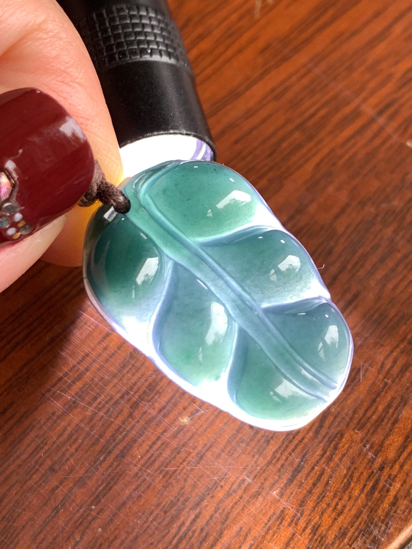 Natural Grade A Guatemalan Icy Translucent Dark Teal Blue Jade Jadeite Carved Leaf Pendant Rope Necklace 25” 7g 天然老种冰危深蓝水翡翠大叶有成吊坠 SLY99B