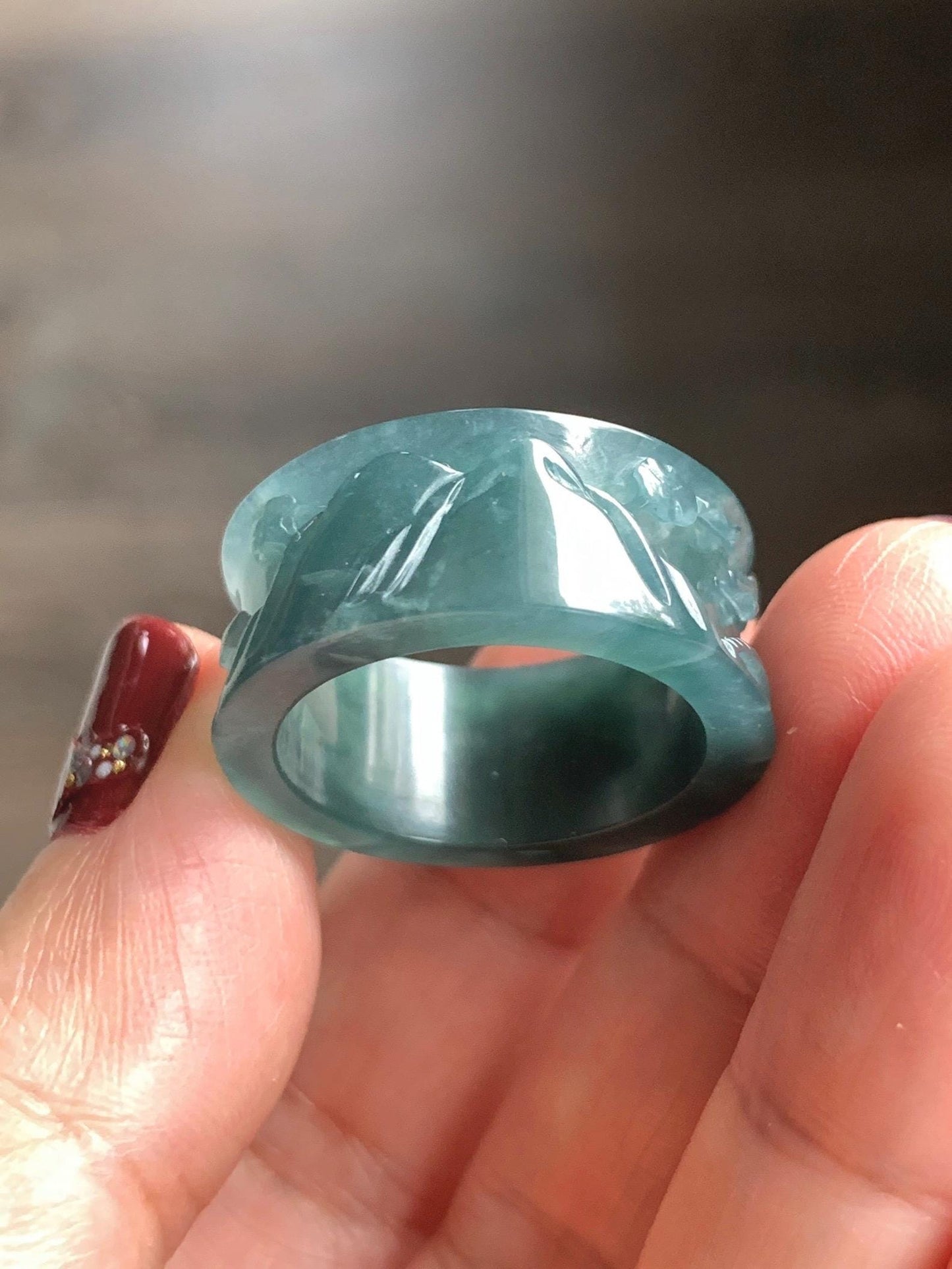 Natural Grade A Guatemalan Icy Translucent Dark Teal Blue Jade Jadeite Engraved Shan Shui Band Ring Size 10.25 US 天然冰危深蓝翡翠山水戒圈 KSH168A