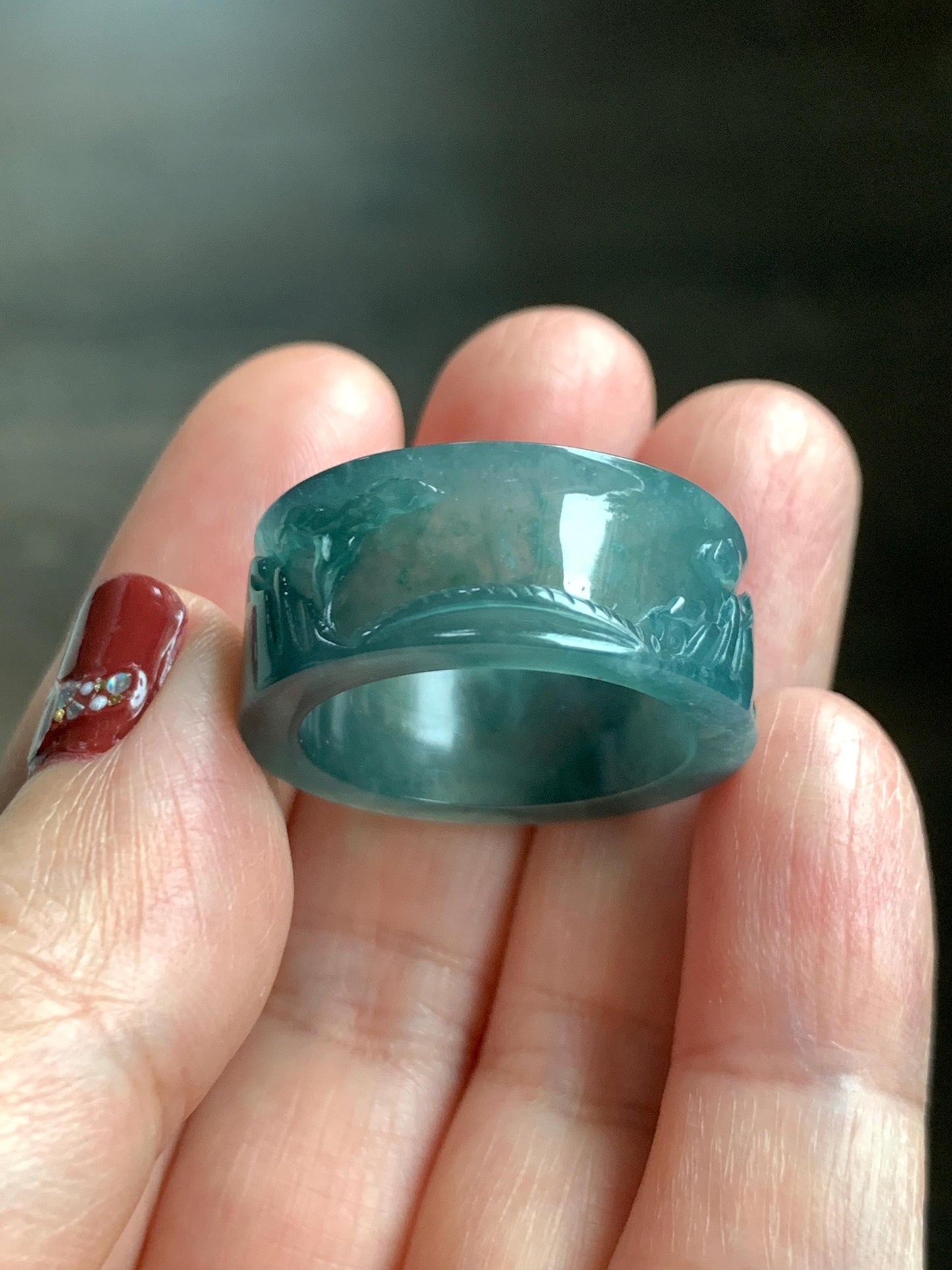 Natural Grade A Guatemalan Icy Translucent Dark Teal Blue Jade Jadeite Engraved Shan Shui Band Ring Size 10.25 US 天然冰危深蓝翡翠山水戒圈 KSH168A
