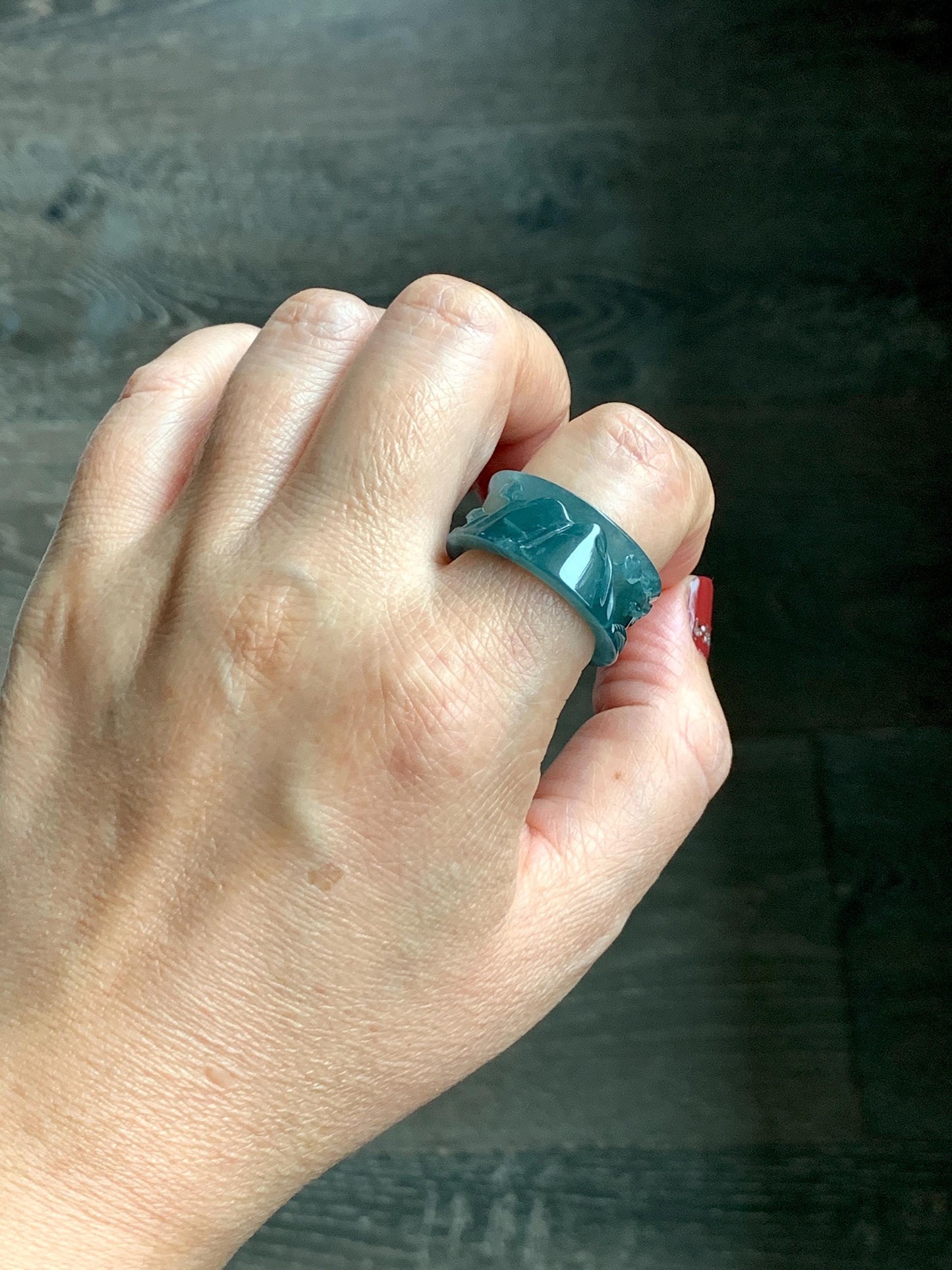 Natural Grade A Guatemalan Icy Translucent Dark Teal Blue Jade Jadeite Engraved Shan Shui Band Ring Size 10.25 US 天然冰危深蓝翡翠山水戒圈 KSH168A