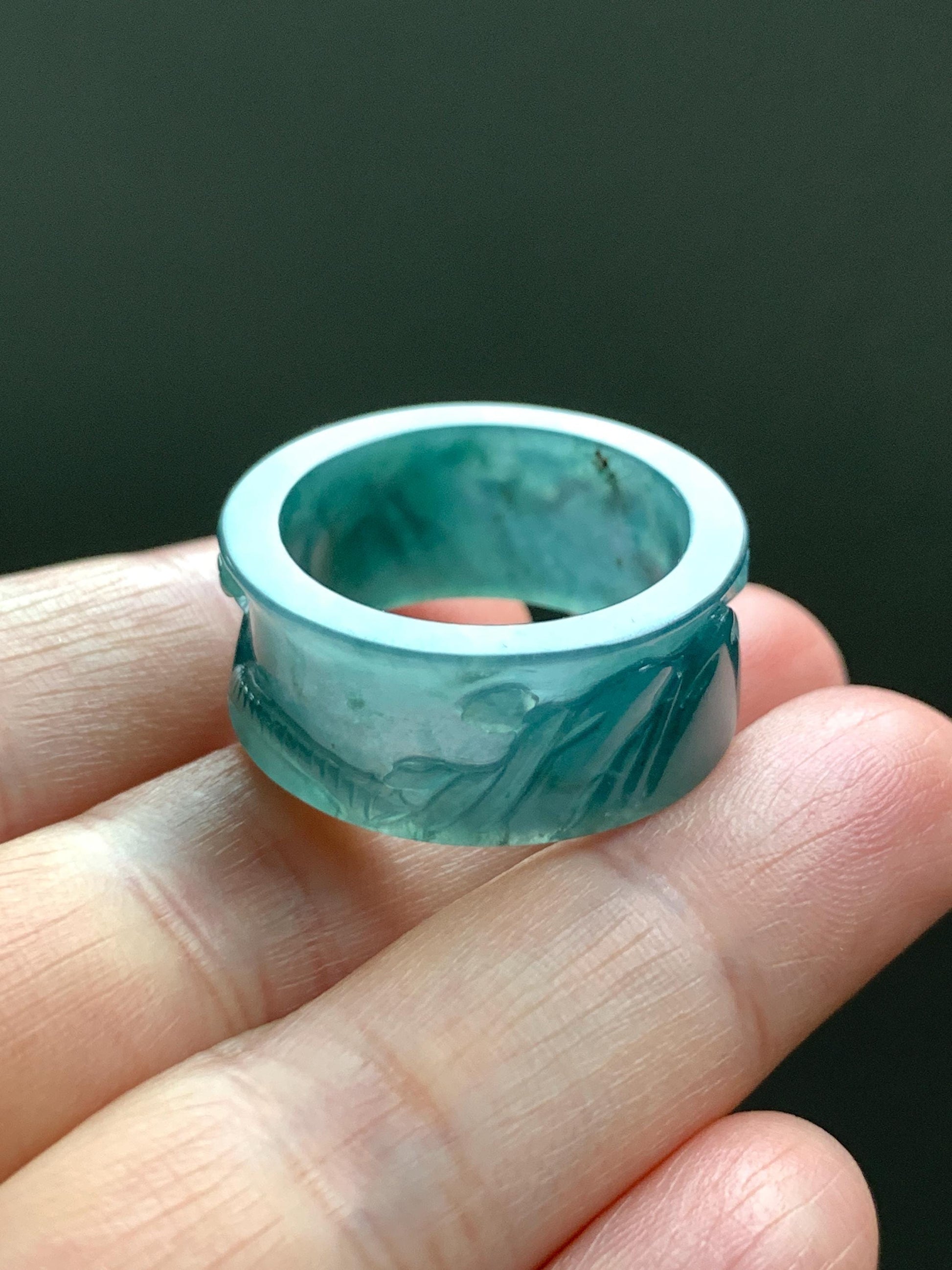Natural Grade A Guatemalan Icy Translucent Dark Teal Blue Jade Jadeite Engraved Shan Shui Band Ring Size 10.25 US 天然冰危深蓝翡翠山水戒圈 KSH168A