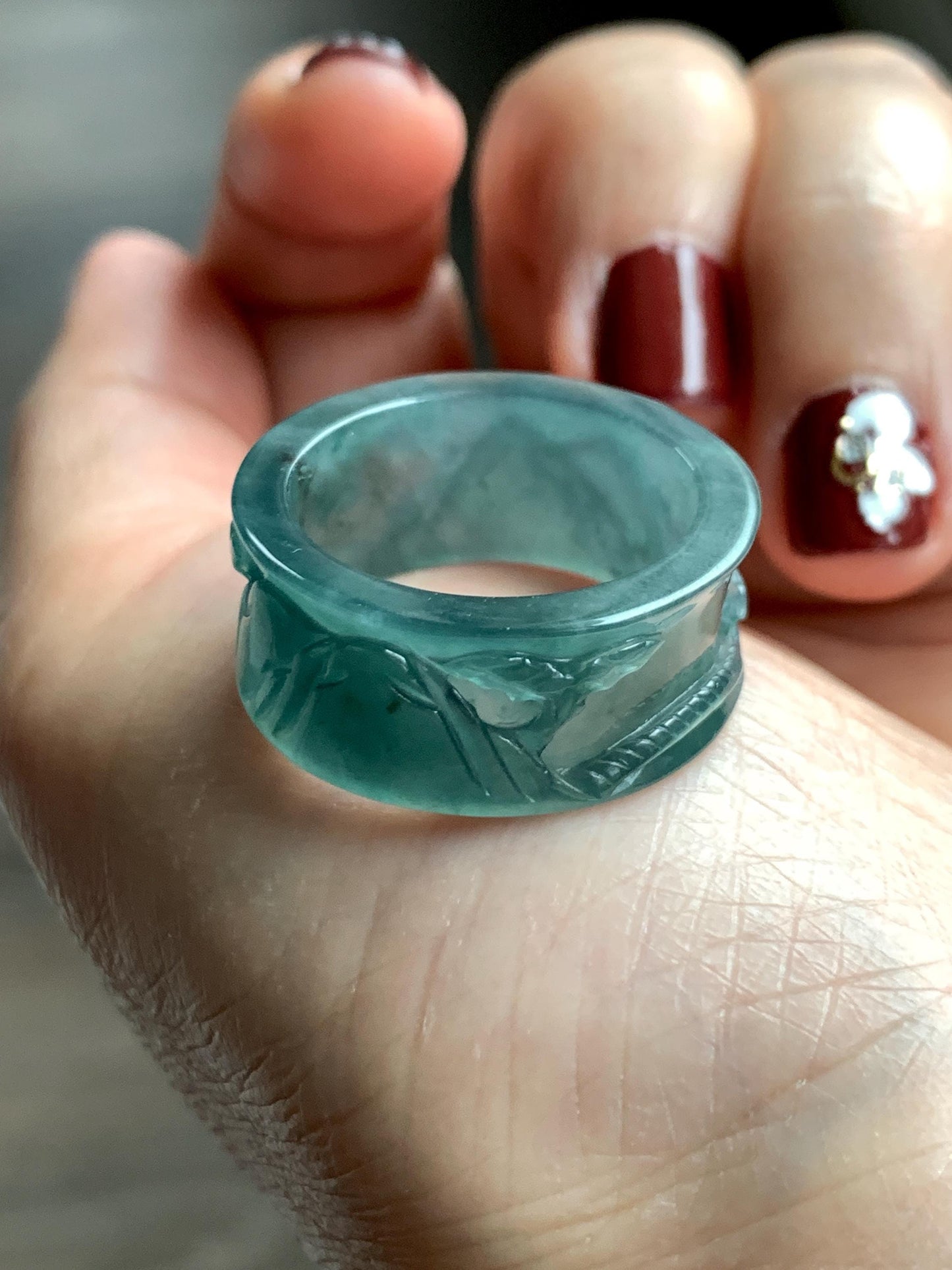 Natural Grade A Guatemalan Icy Translucent Dark Teal Blue Jade Jadeite Engraved Shan Shui Band Ring Size 10.25 US 天然冰危深蓝翡翠山水戒圈 KSH168A