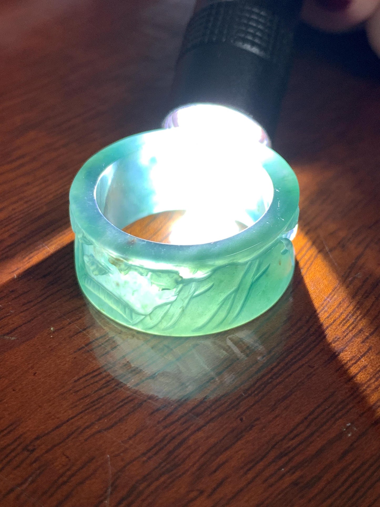 Natural Grade A Guatemalan Icy Translucent Dark Teal Blue Jade Jadeite Engraved Shan Shui Band Ring Size 10.25 US 天然冰危深蓝翡翠山水戒圈 KSH168A