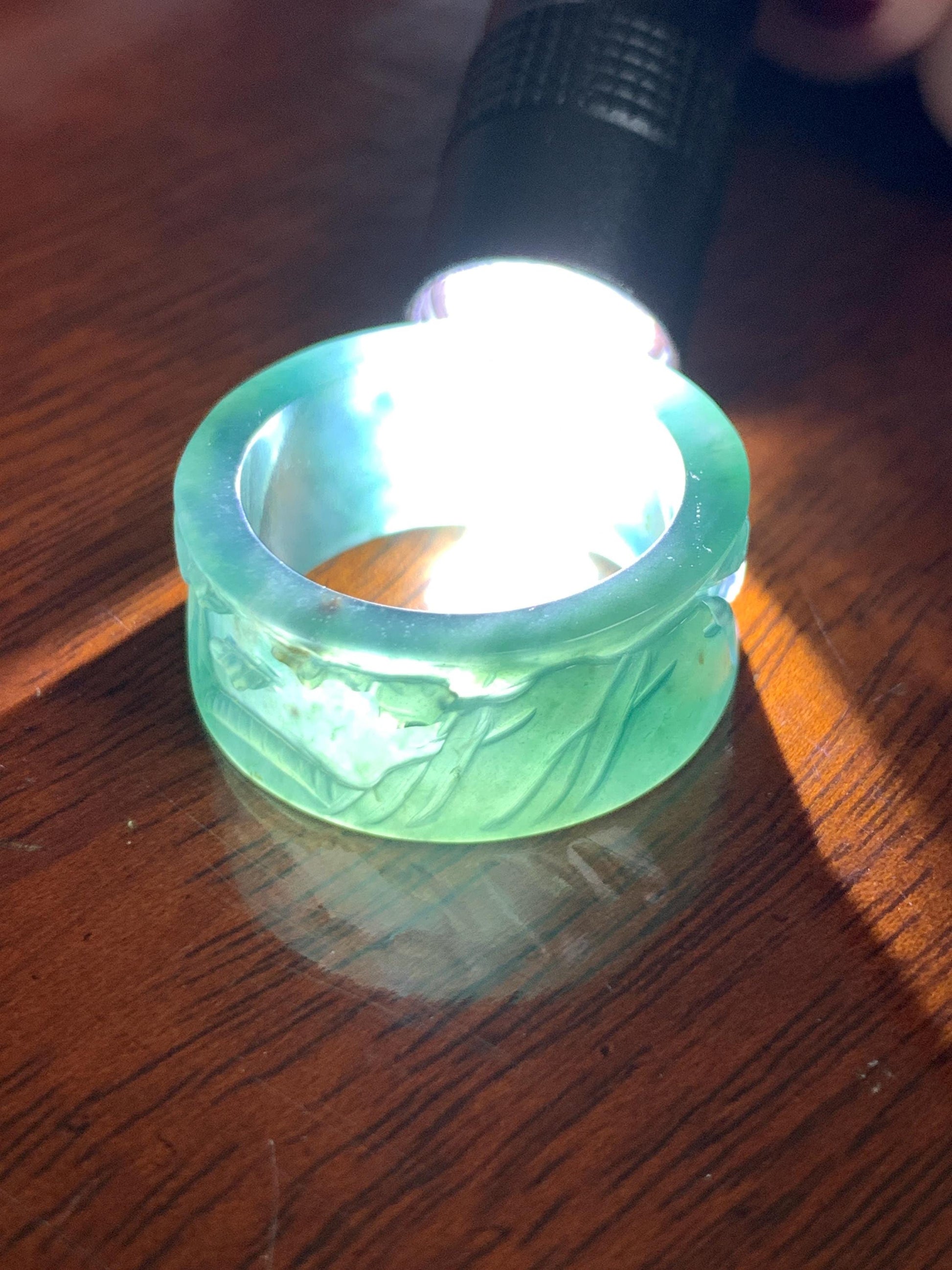 Natural Grade A Guatemalan Icy Translucent Dark Teal Blue Jade Jadeite Engraved Shan Shui Band Ring Size 10.25 US 天然冰危深蓝翡翠山水戒圈 KSH168A