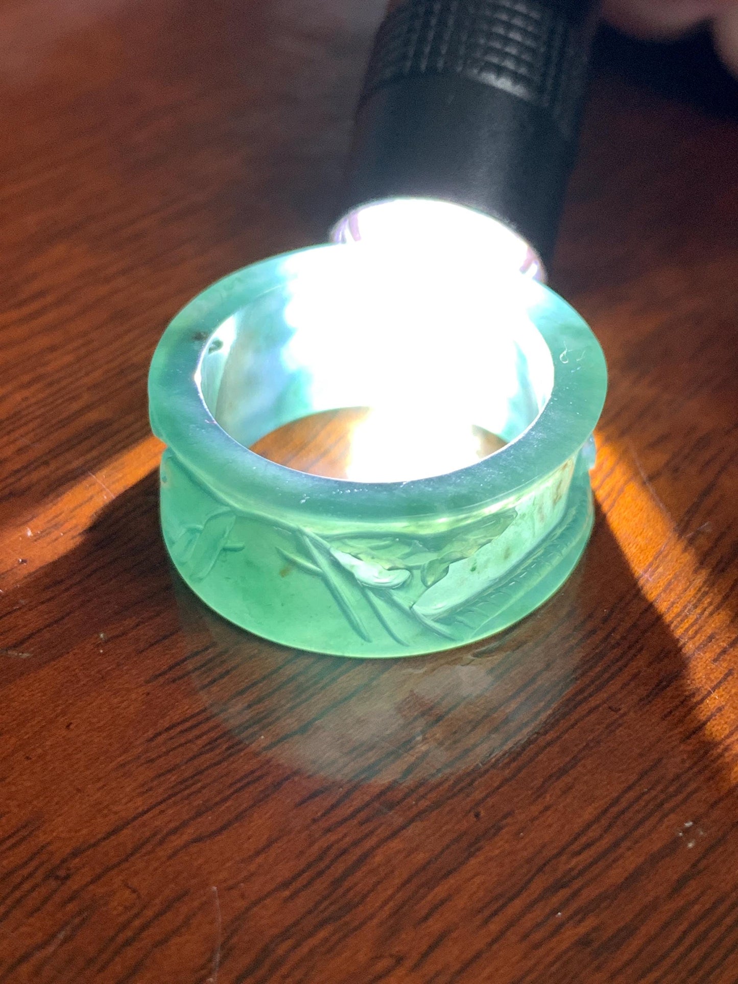 Natural Grade A Guatemalan Icy Translucent Dark Teal Blue Jade Jadeite Engraved Shan Shui Band Ring Size 10.25 US 天然冰危深蓝翡翠山水戒圈 KSH168A