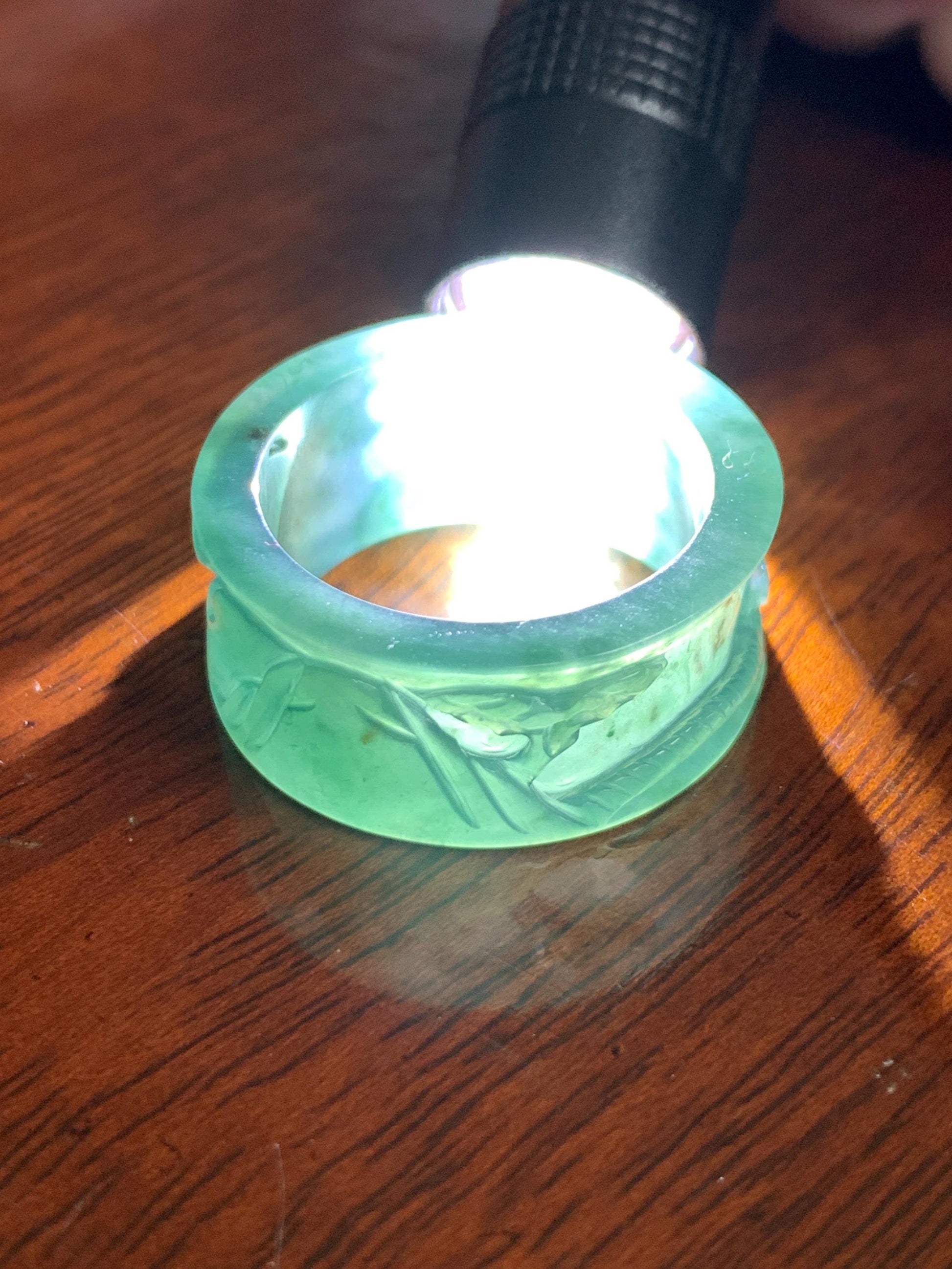 Natural Grade A Guatemalan Icy Translucent Dark Teal Blue Jade Jadeite Engraved Shan Shui Band Ring Size 10.25 US 天然冰危深蓝翡翠山水戒圈 KSH168A