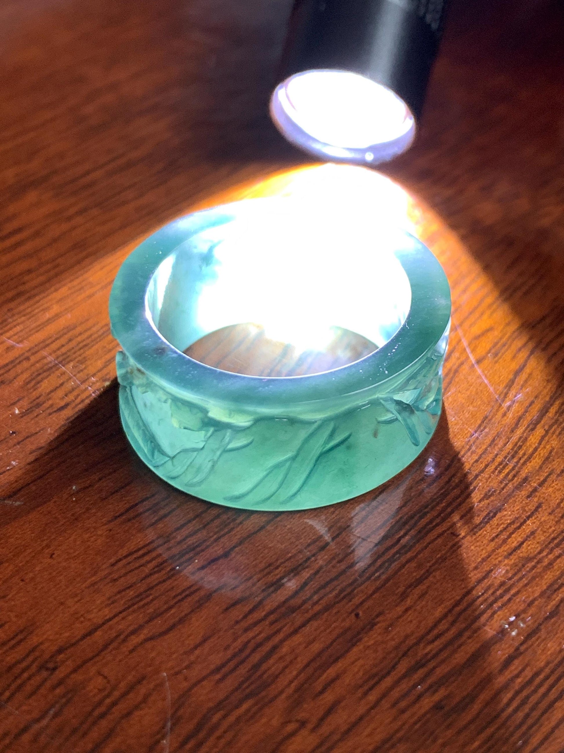 Natural Grade A Guatemalan Icy Translucent Dark Teal Blue Jade Jadeite Engraved Shan Shui Band Ring Size 10.25 US 天然冰危深蓝翡翠山水戒圈 KSH168A