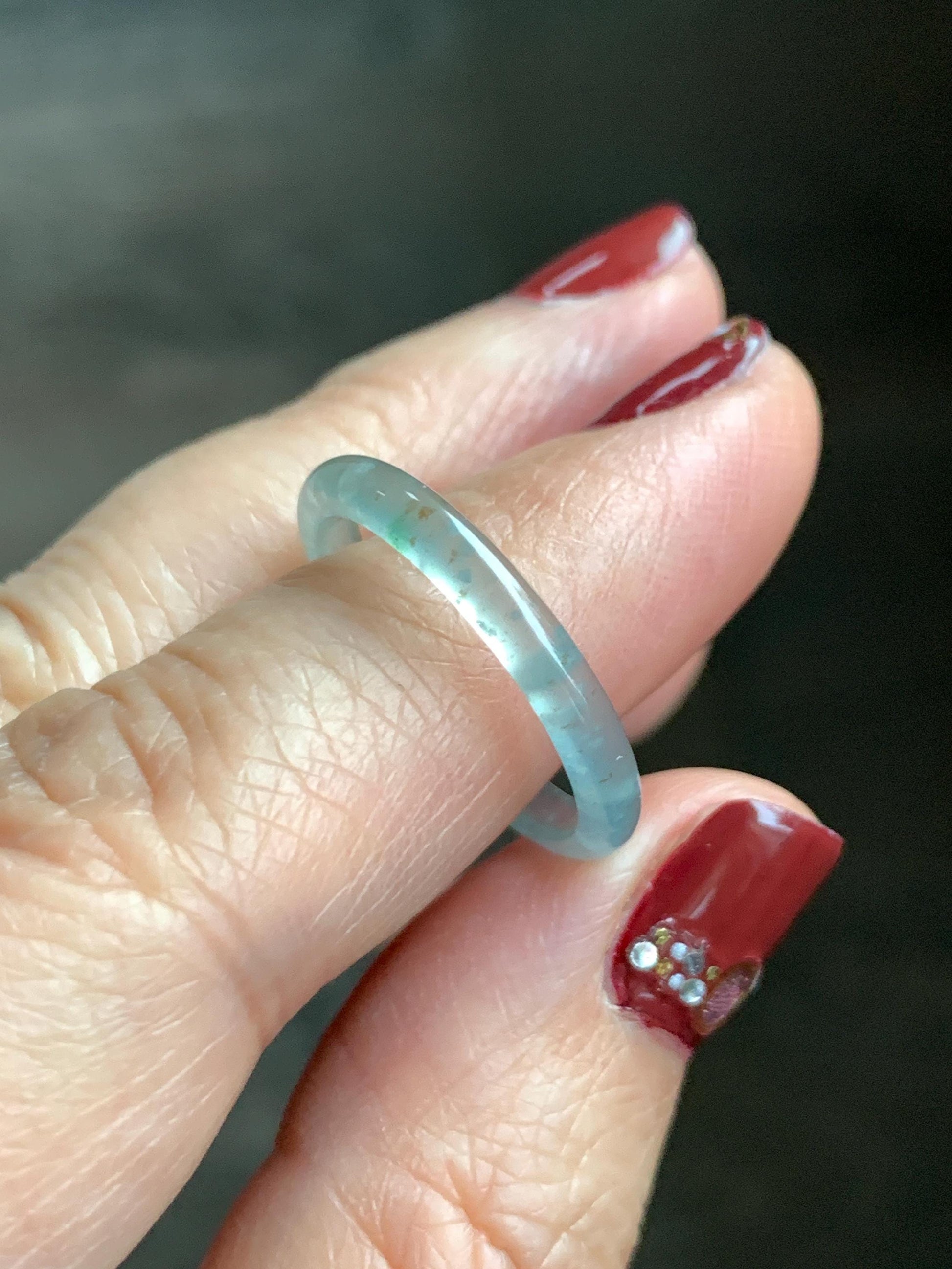 Natural Grade A Guatemalan Icy Highly Translucent Pastel Teal & Golden Marbled Jade Jadeite Band Ring Size 8 US 天然冰危起光晴底撒金翡翠戒圈 QSJ44B