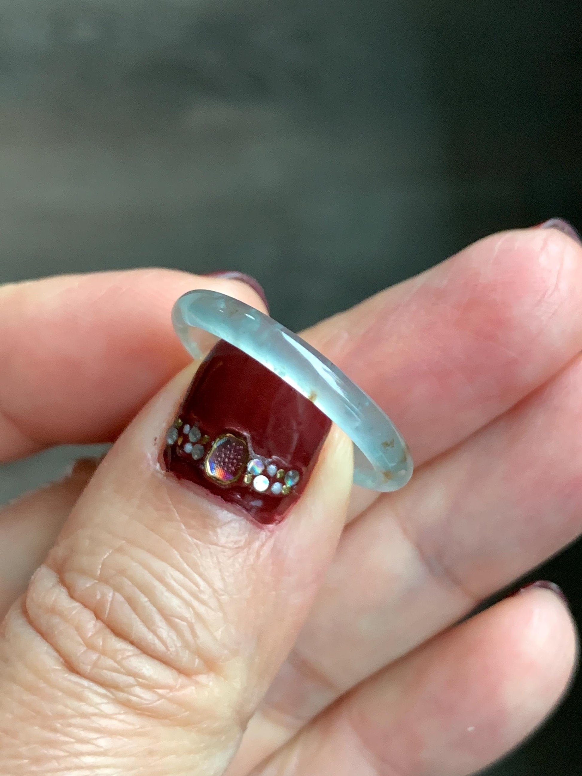 Natural Grade A Guatemalan Icy Highly Translucent Pastel Teal & Golden Marbled Jade Jadeite Band Ring Size 8.75 US 天然冰危起光晴底撒金翡翠戒圈 QSJ44D