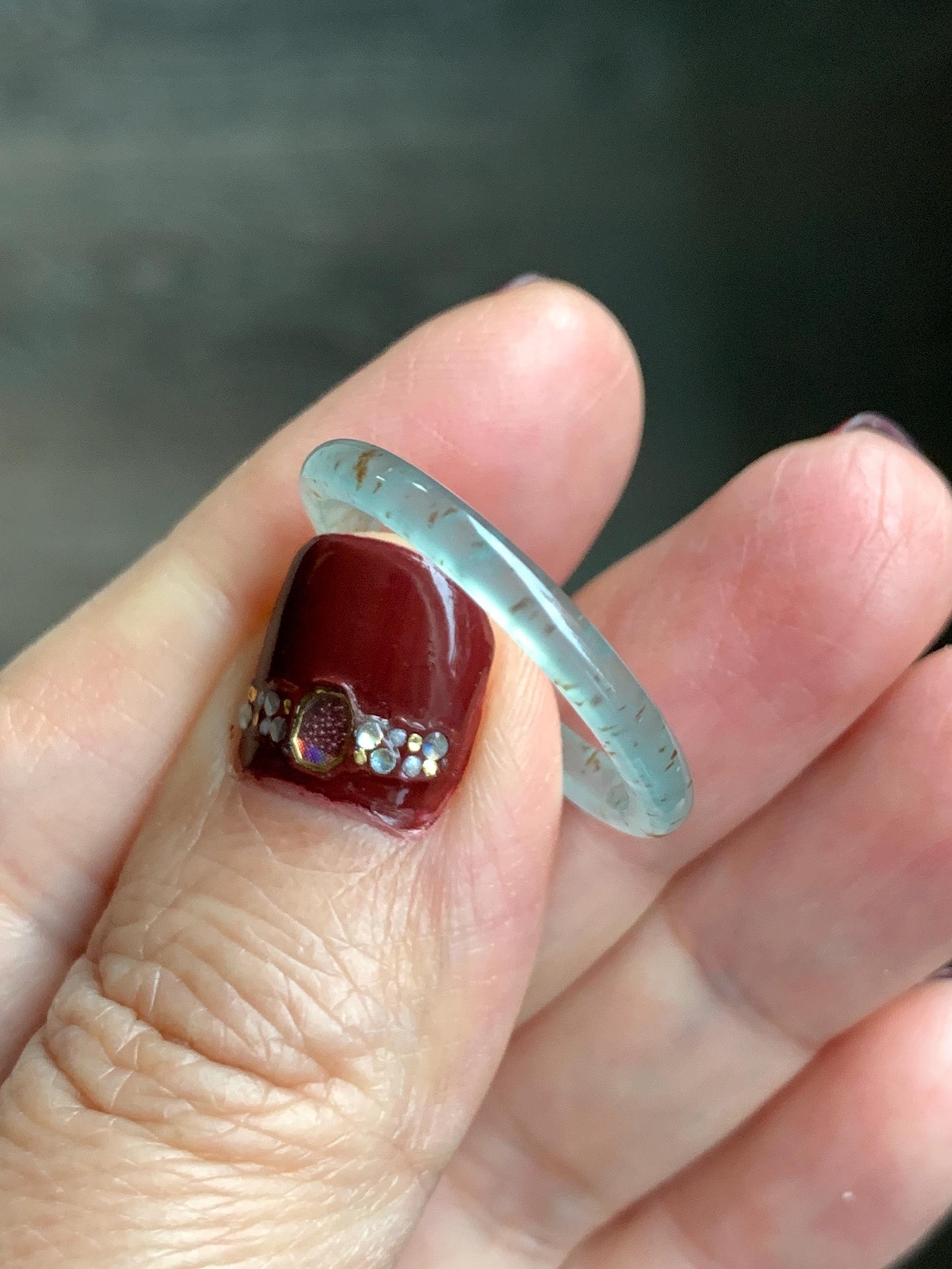 Natural Grade A Guatemalan Icy Highly Translucent Pastel Teal & Golden Marbled Jade Jadeite Band Ring Size 10.25 US 天然冰危起光晴底撒金翡翠戒圈 QSJ44E