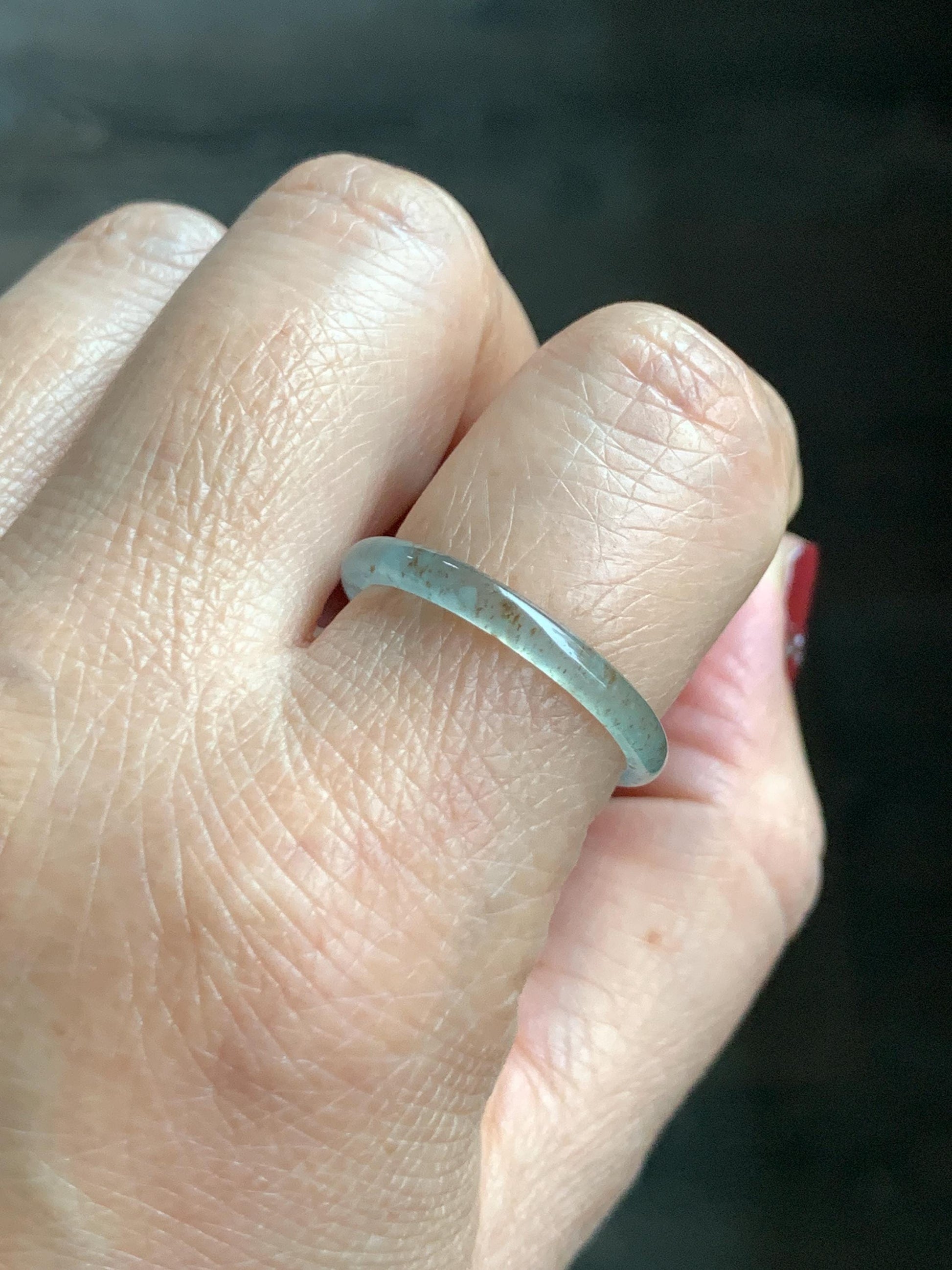 Natural Grade A Guatemalan Icy Highly Translucent Pastel Teal & Golden Marbled Jade Jadeite Band Ring Size 10.25 US 天然冰危起光晴底撒金翡翠戒圈 QSJ44E